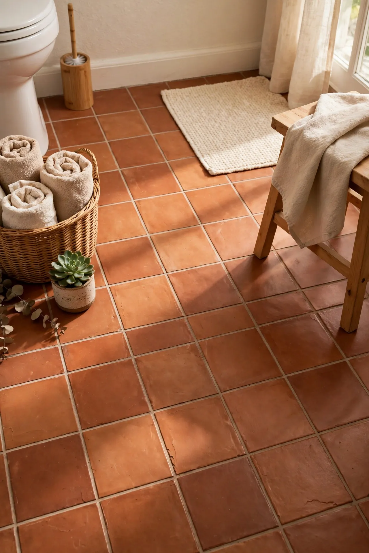 Warm terracotta peel and stick tiles on bathroom floor