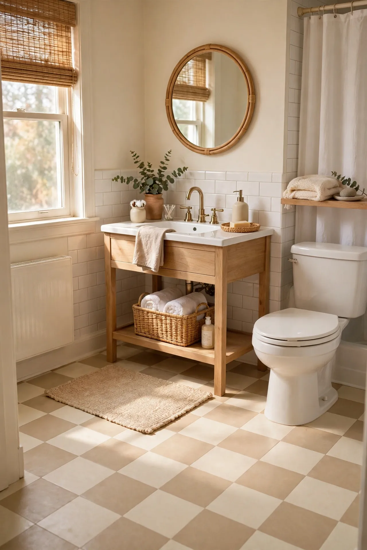 Beige and cream checkerboard peel and stick bathroom floor