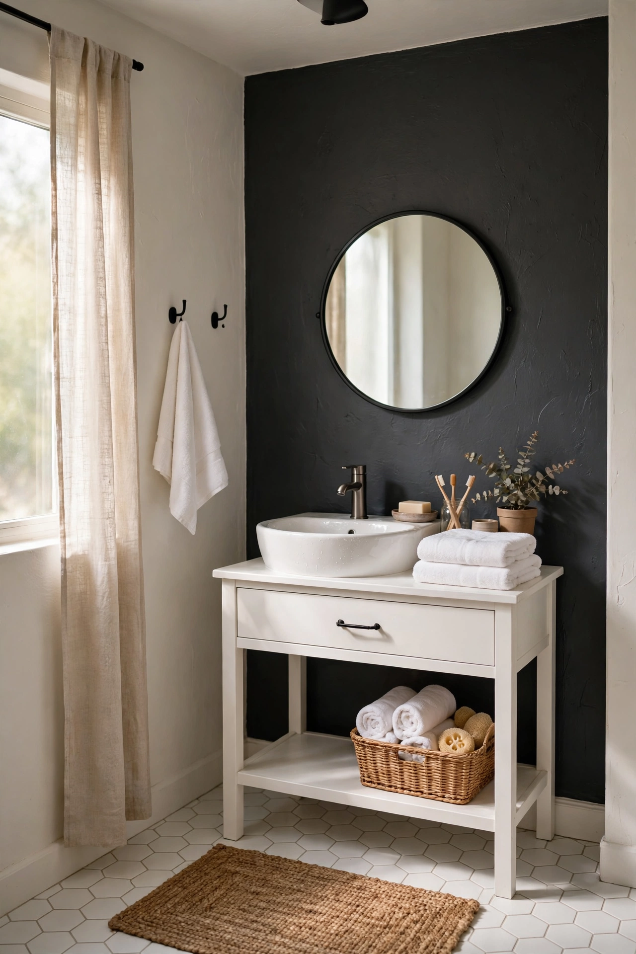 Bathroom with one deep charcoal accent wall behind a white vanity and mirror