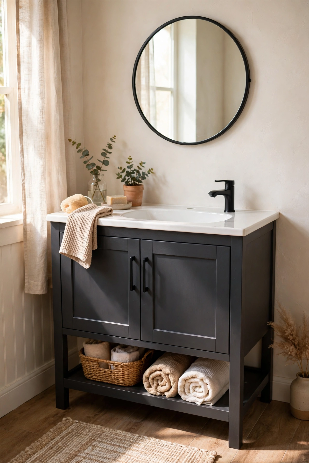 Old oak bathroom vanity repainted in deep charcoal gray with matte black pulls