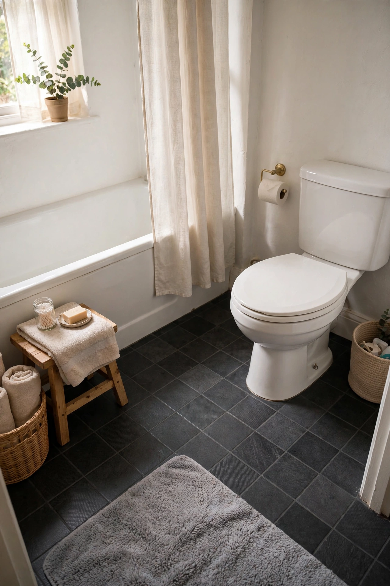 Bathroom floor covered in charcoal peel-and-stick tiles with white fixtures