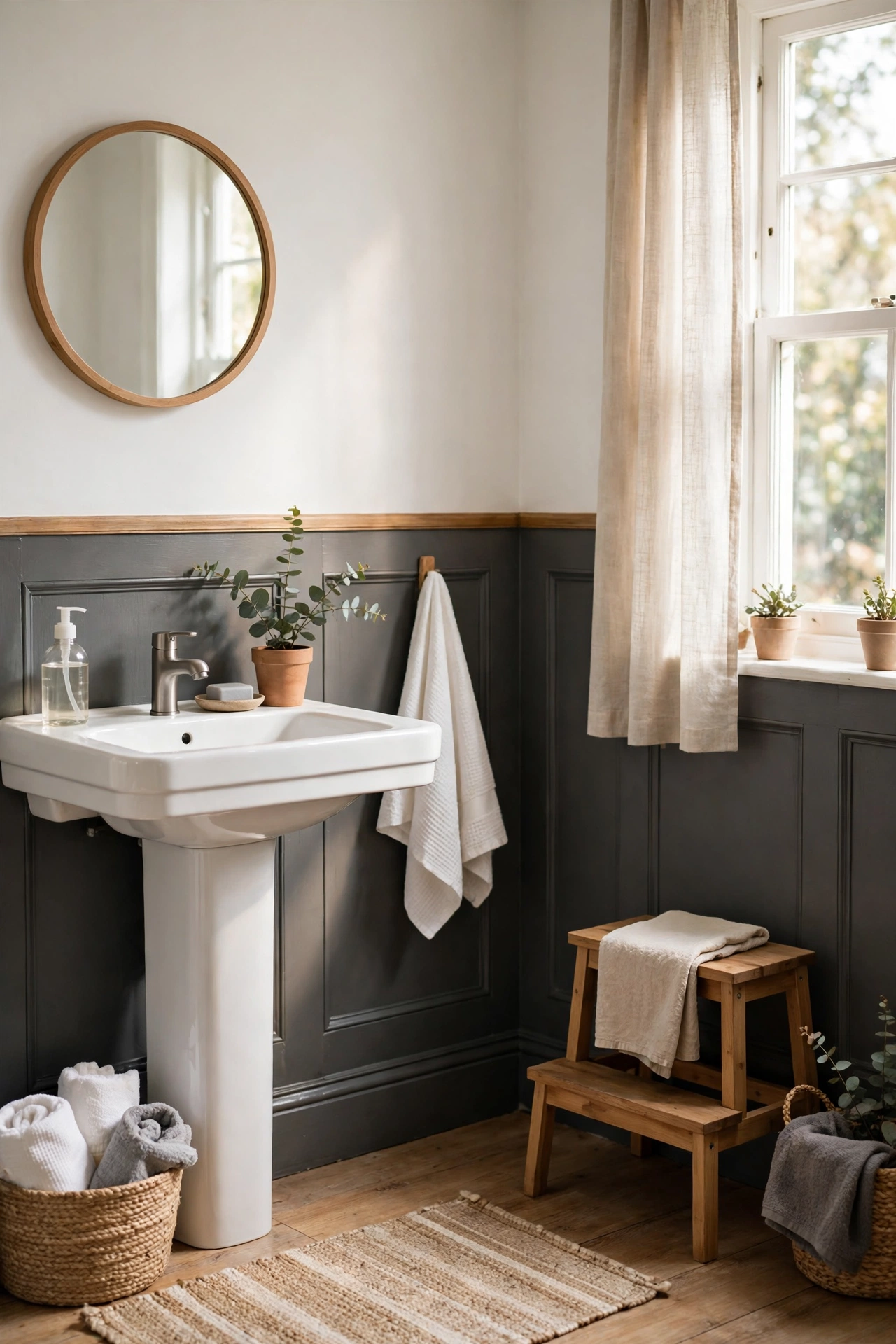 Bathroom wall split with charcoal paint below and crisp white above