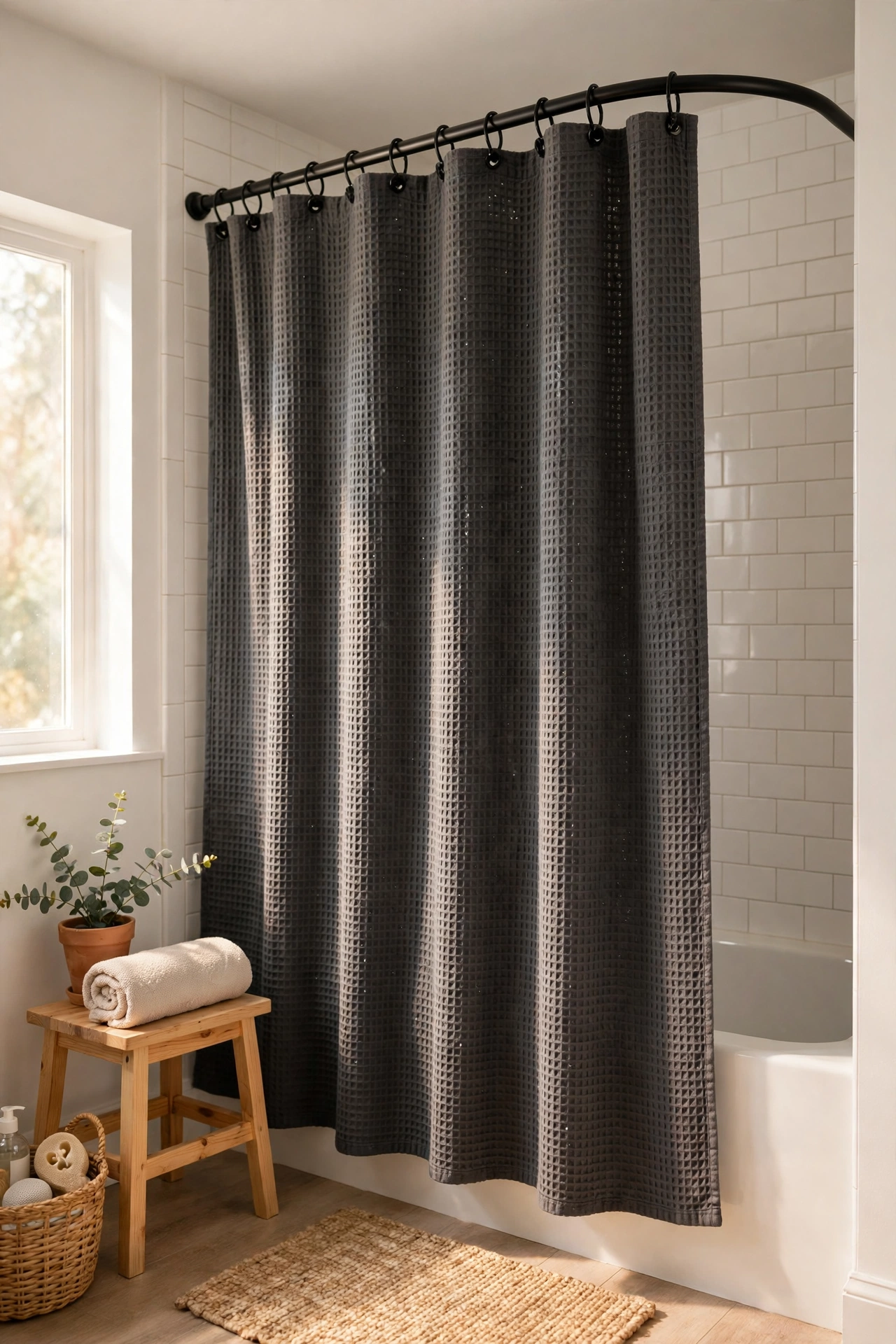 Charcoal waffle-weave shower curtain with matte black rings in a bright bathroom