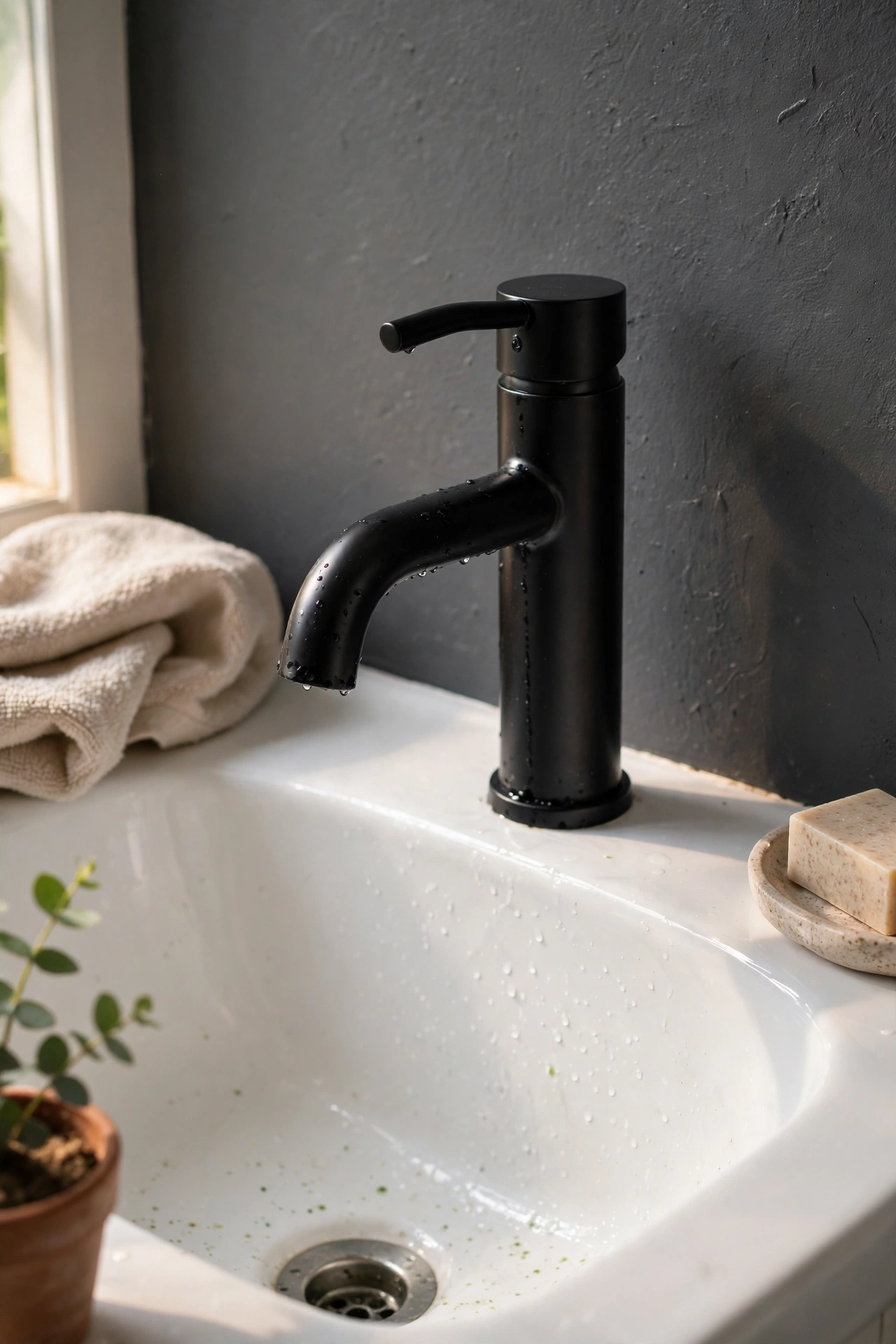 Matte black bathroom faucet mounted on a white sink against gray walls