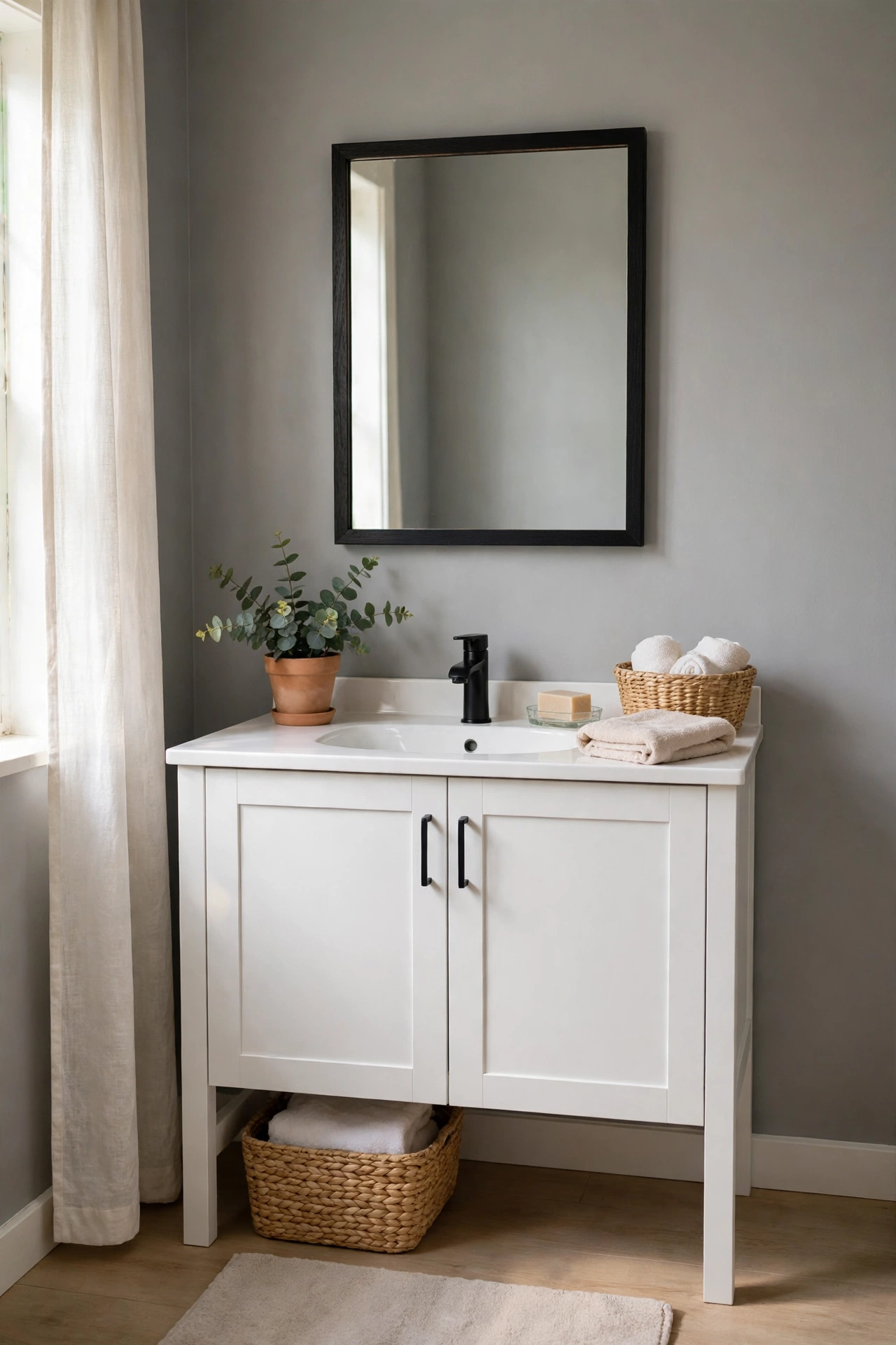 Bathroom mirror with a slim matte black wood frame above a vanity