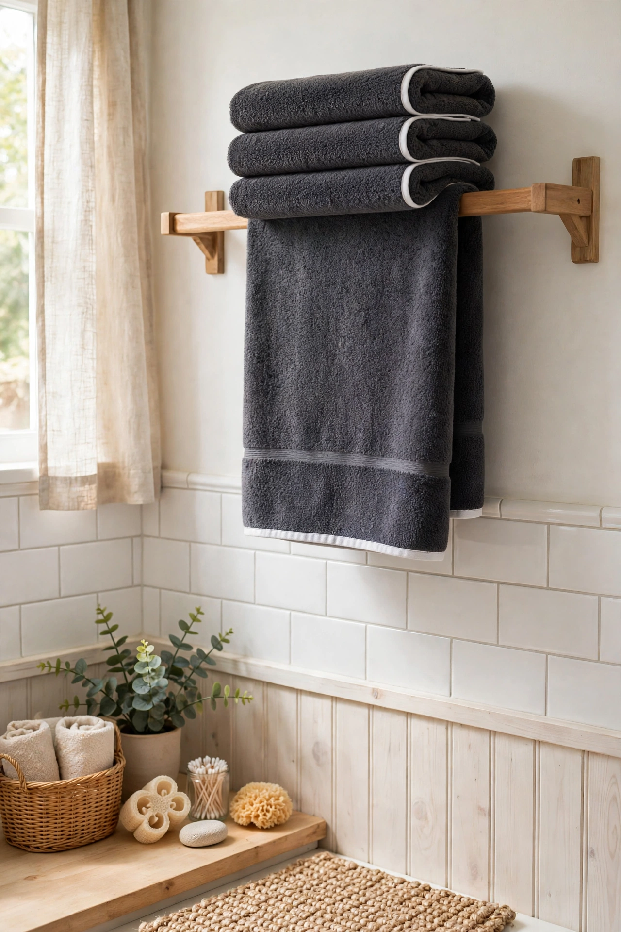 Thick charcoal bath towels with white borders folded on a towel rail