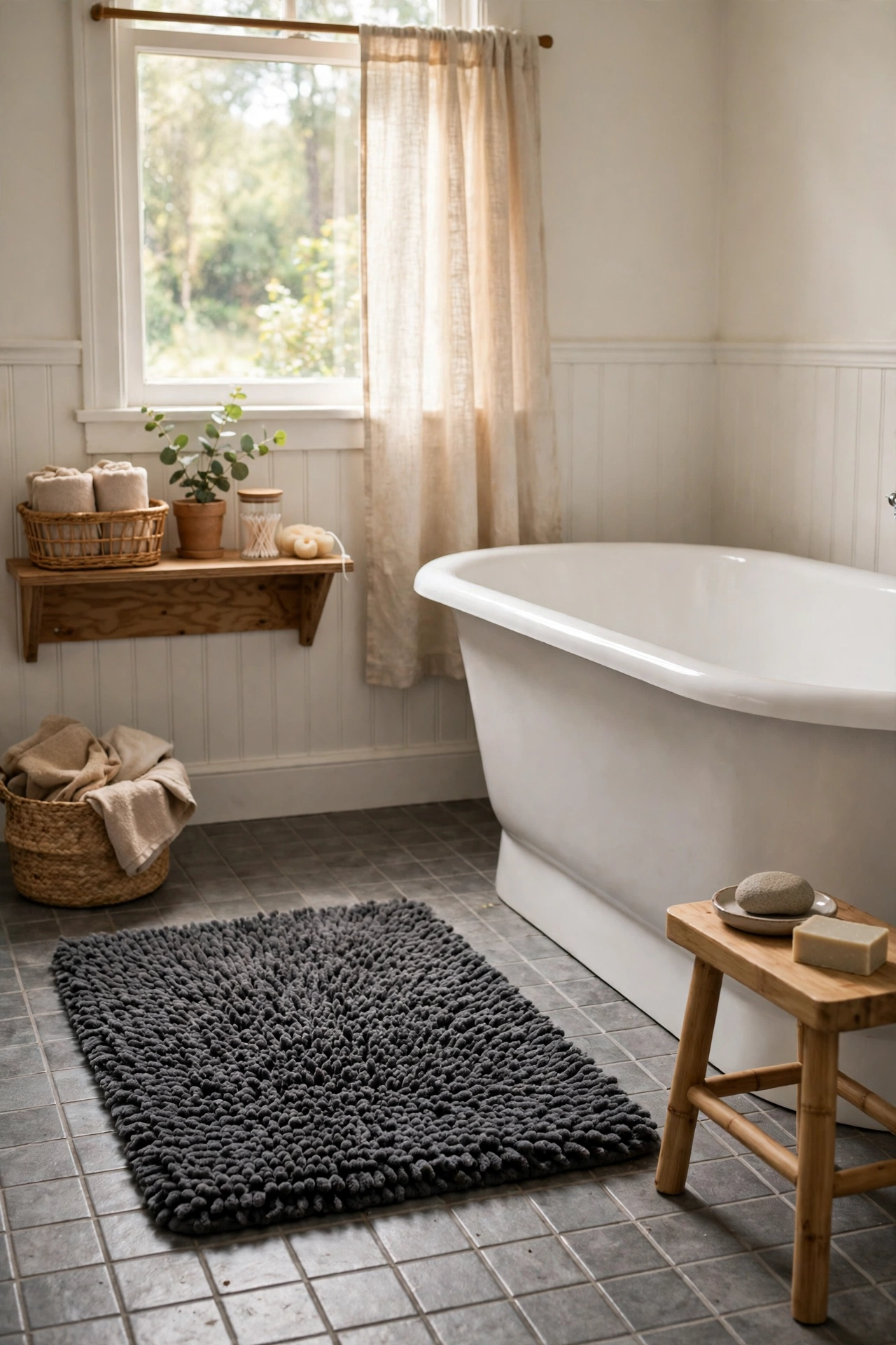 Plush charcoal bath mat beside a white bathtub in a gray bathroom