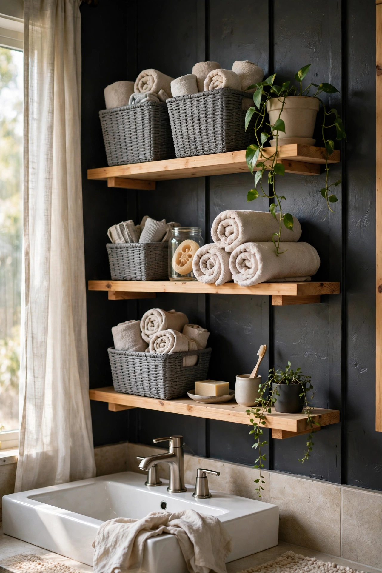 Gray woven baskets arranged on open bathroom shelves with a trailing plant