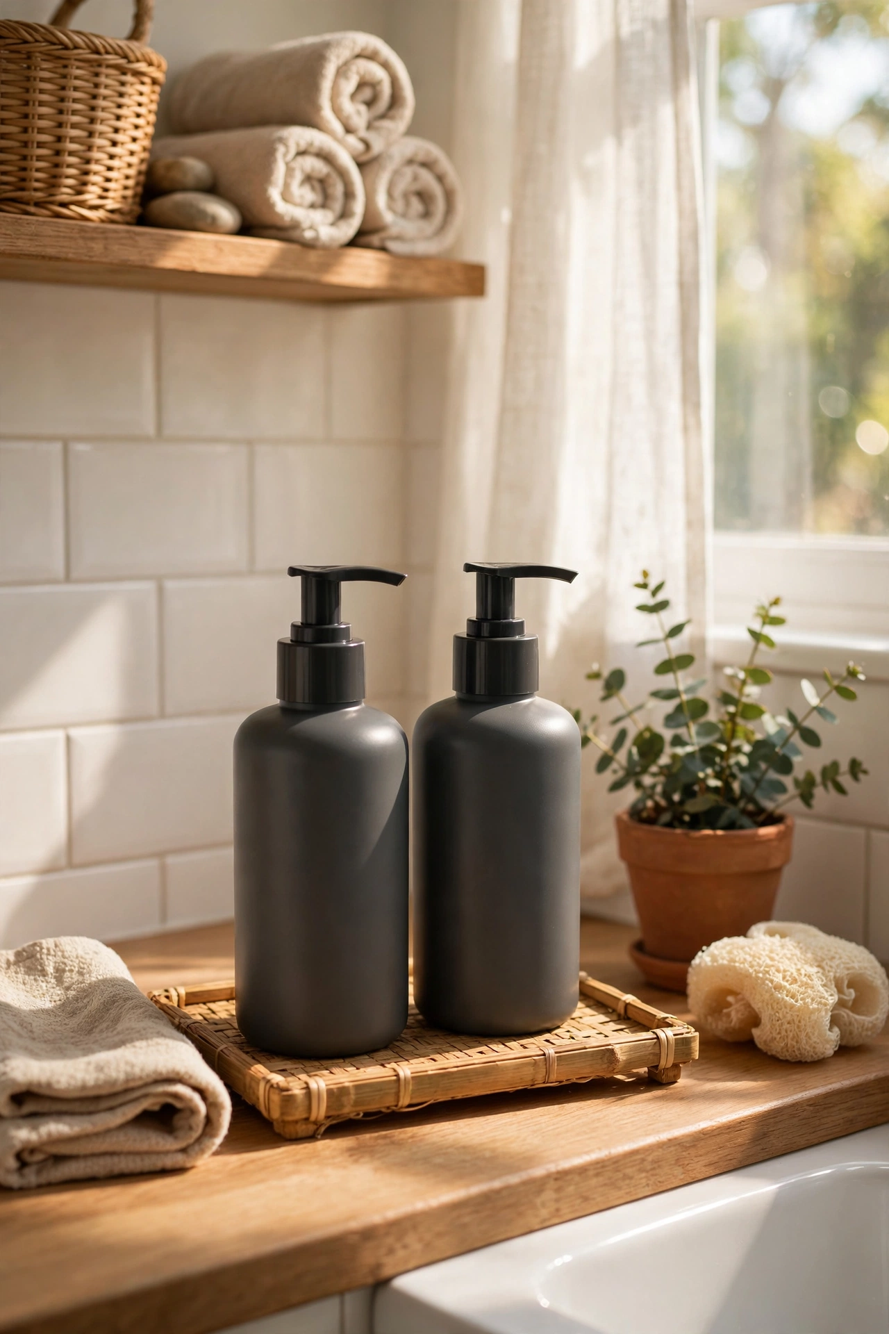 Matching charcoal pump bottles lined up on a bathroom shower shelf