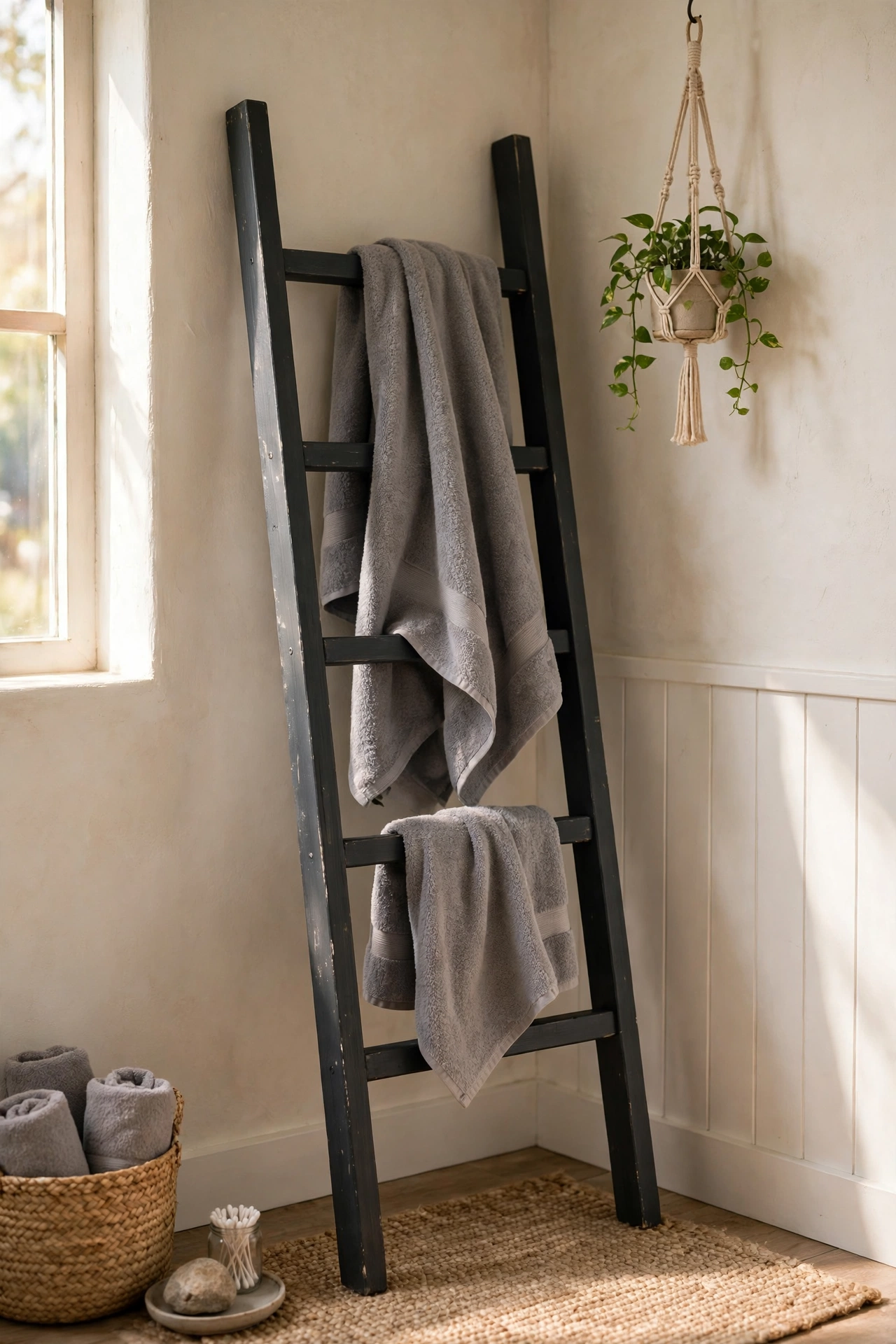 Charcoal painted wooden towel ladder leaning in a bathroom corner with towels