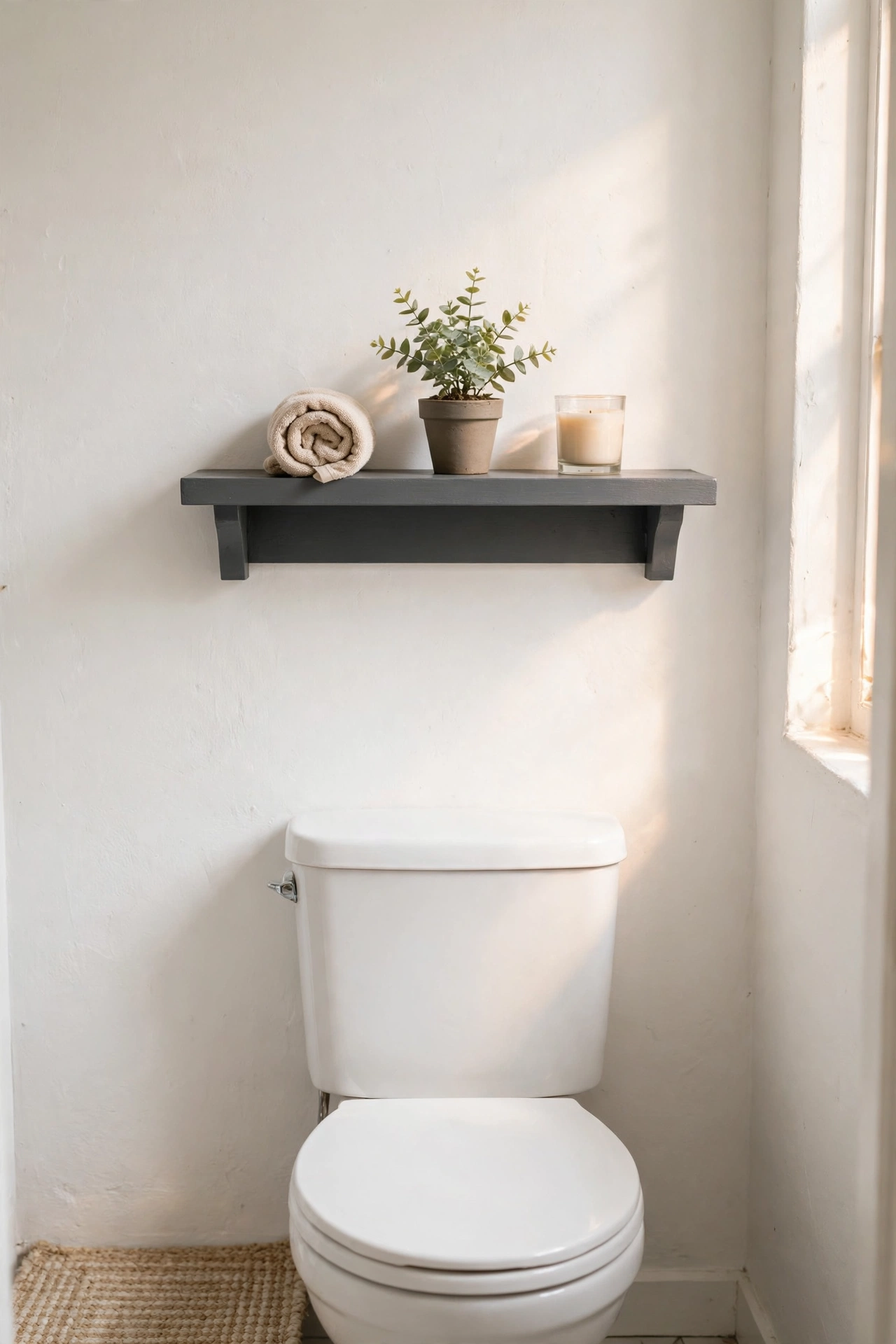 Single charcoal floating shelf above a toilet styled with a towel plant and candle