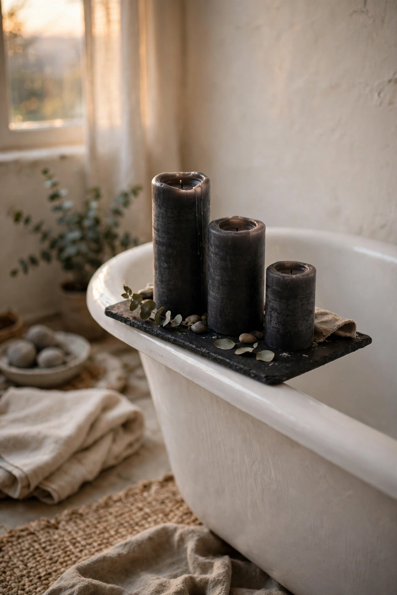Three charcoal pillar candles of different heights grouped on a bathtub edge