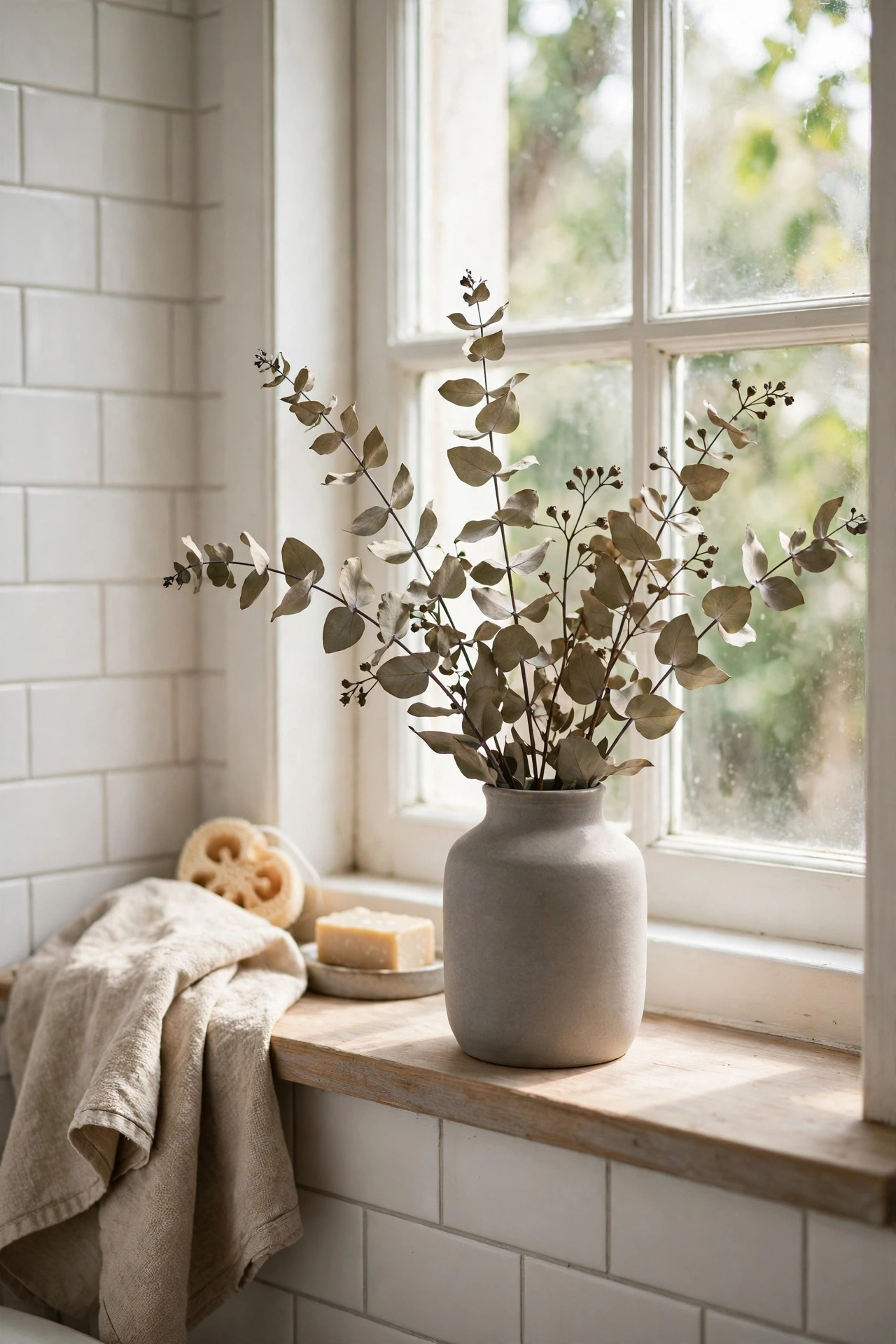 Dried eucalyptus stems in a plain gray vase on a bathroom windowsill