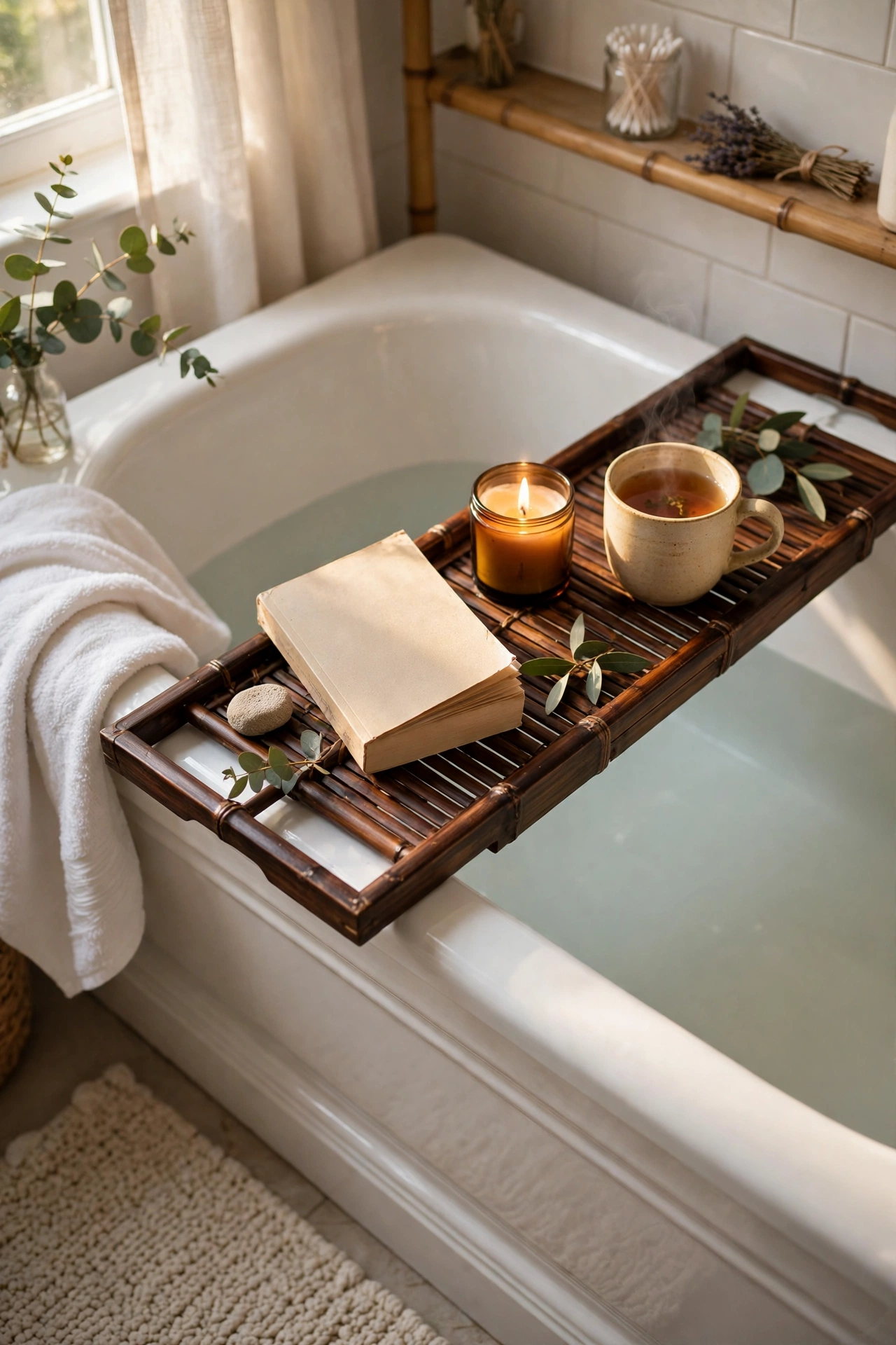 Dark bamboo bath tray across a bathtub holding a candle book and tea