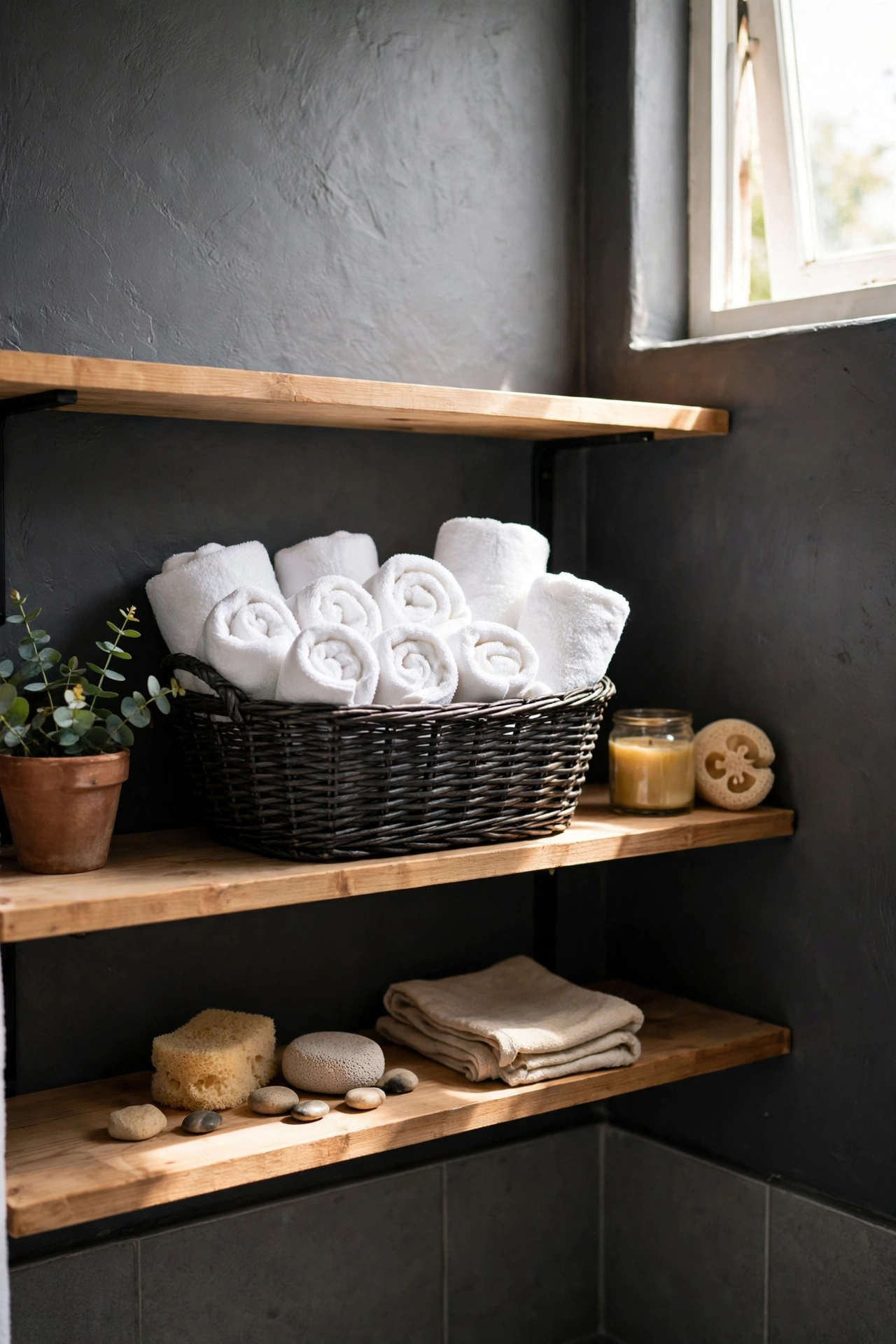 Crisp white hand towels stacked in a dark basket in a charcoal bathroom