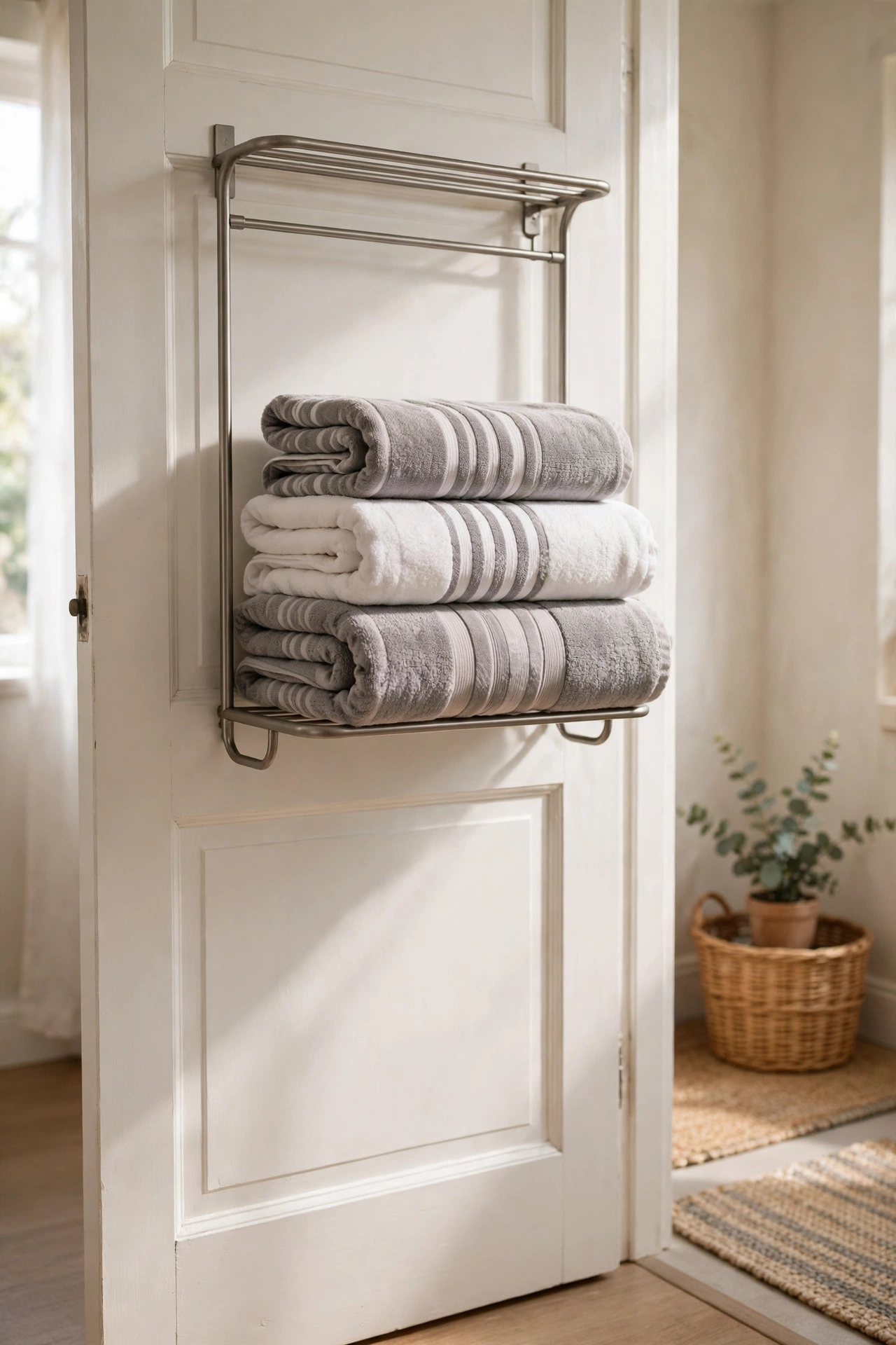 Over-the-door towel rack with neatly hung towels on a bathroom door
