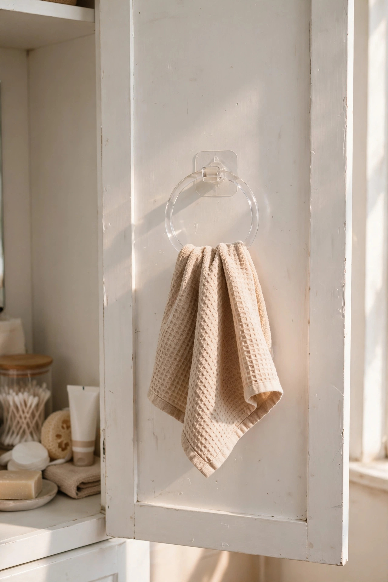 Adhesive towel ring stuck inside a vanity cabinet door holding a hand towel