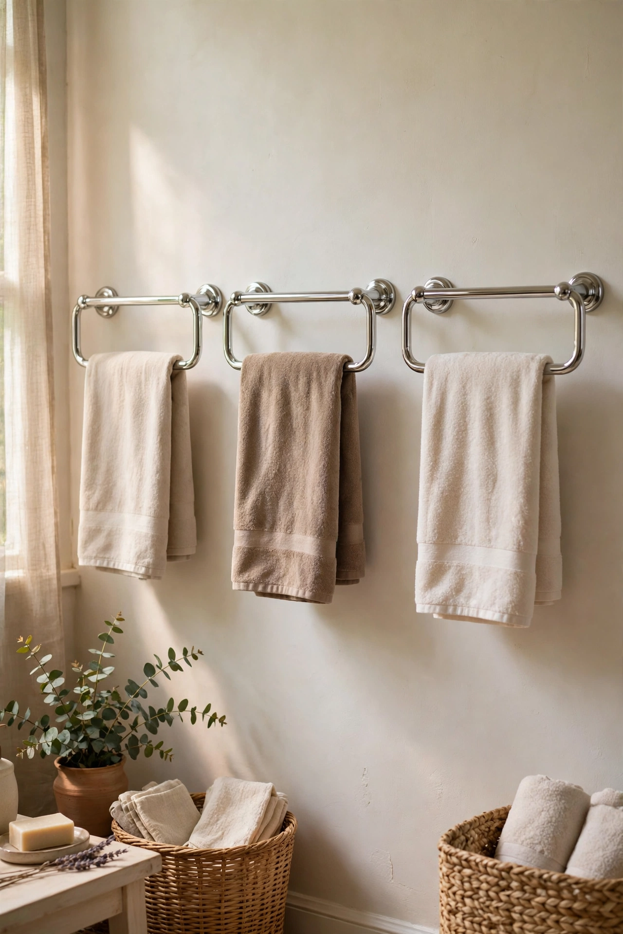 Three towel bars mounted in a row on a bathroom wall with folded towels