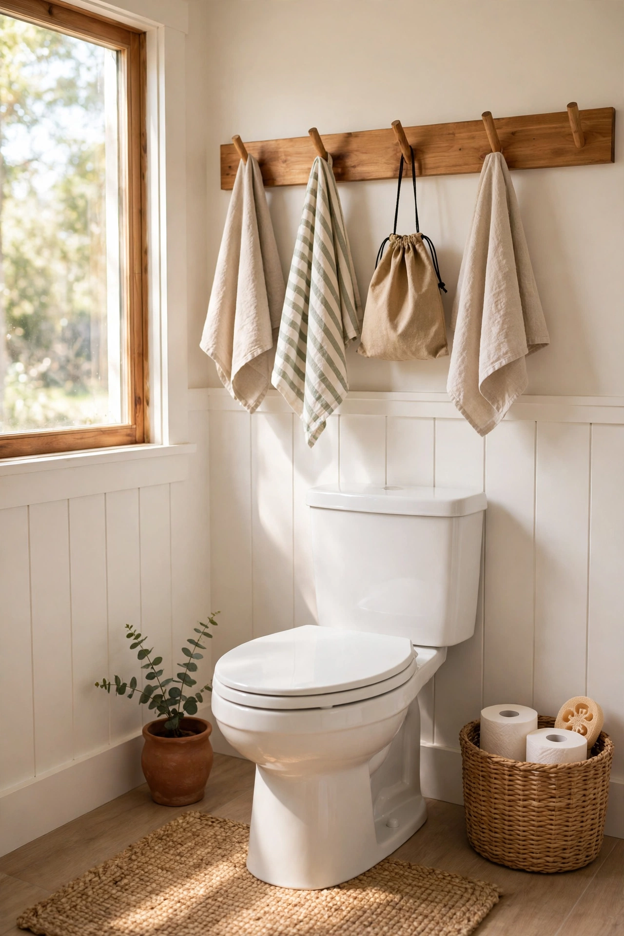 Wooden peg rail mounted above a toilet holding hand towels and a washcloth