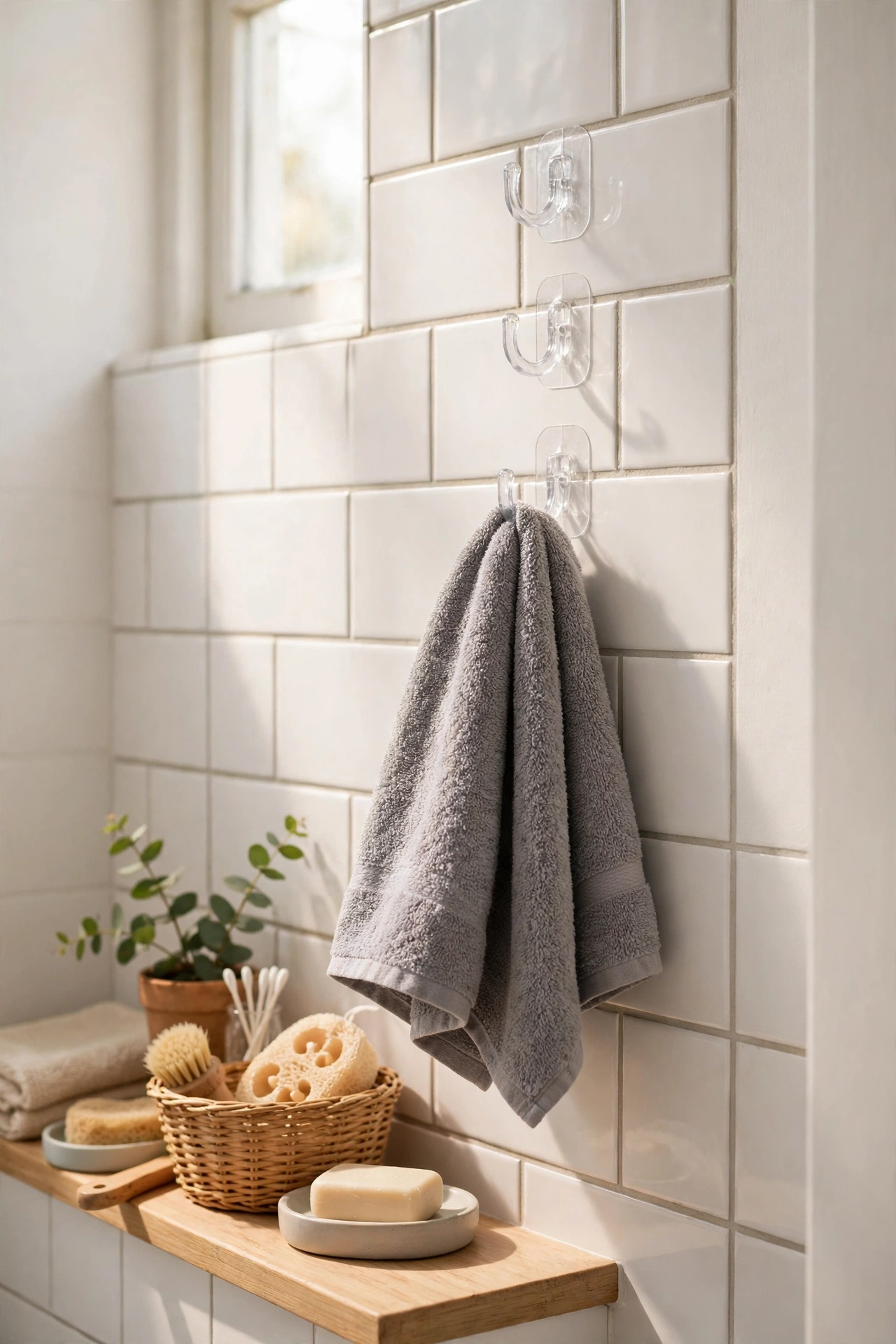 Waterproof adhesive hooks on a tiled shower wall holding a towel