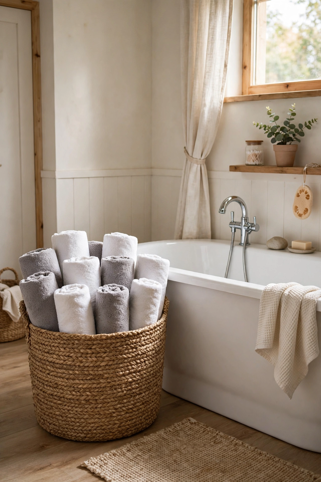 Big woven basket filled with rolled towels standing beside a bathtub