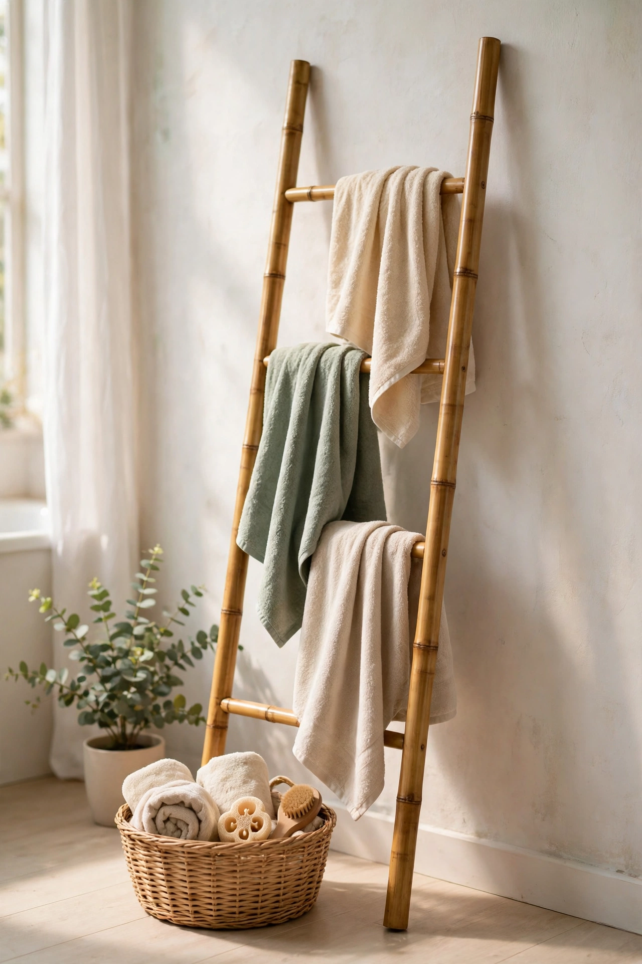 Bamboo towel ladder leaning against a bathroom wall with draped towels