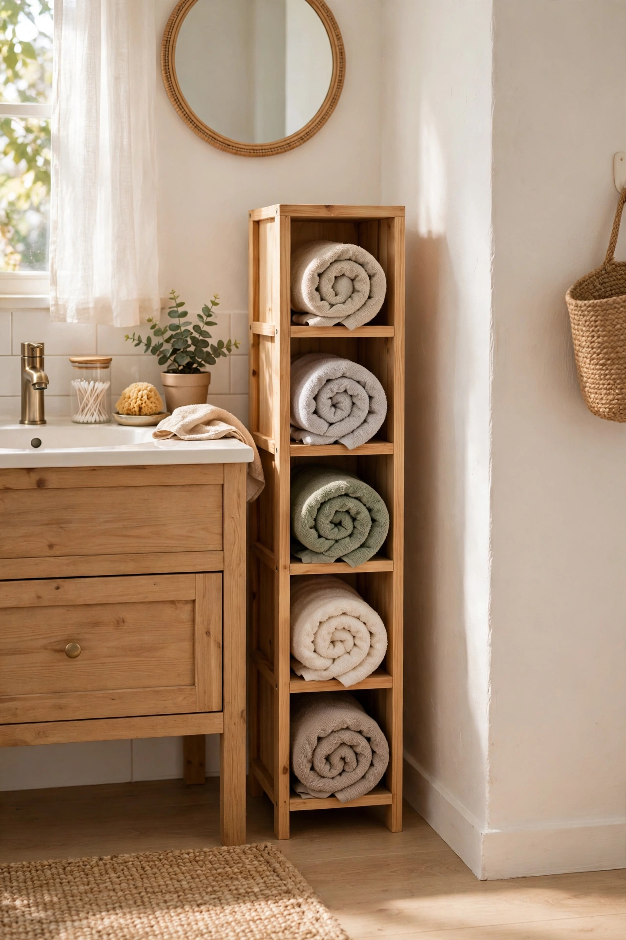 Small wooden wine rack stood upright holding rolled towels in a bathroom