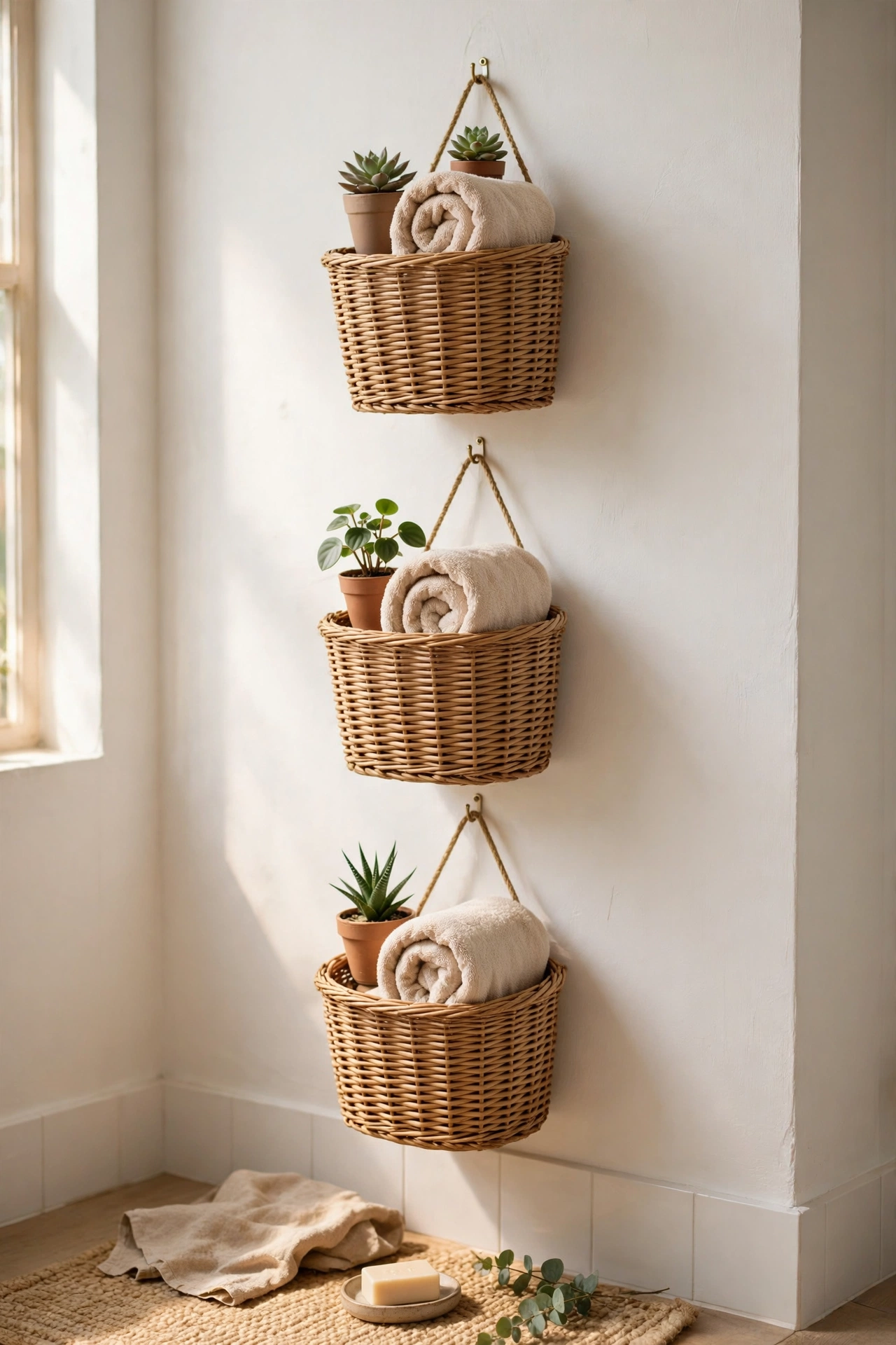 Wicker baskets hung in a vertical line on a bathroom wall holding rolled towels