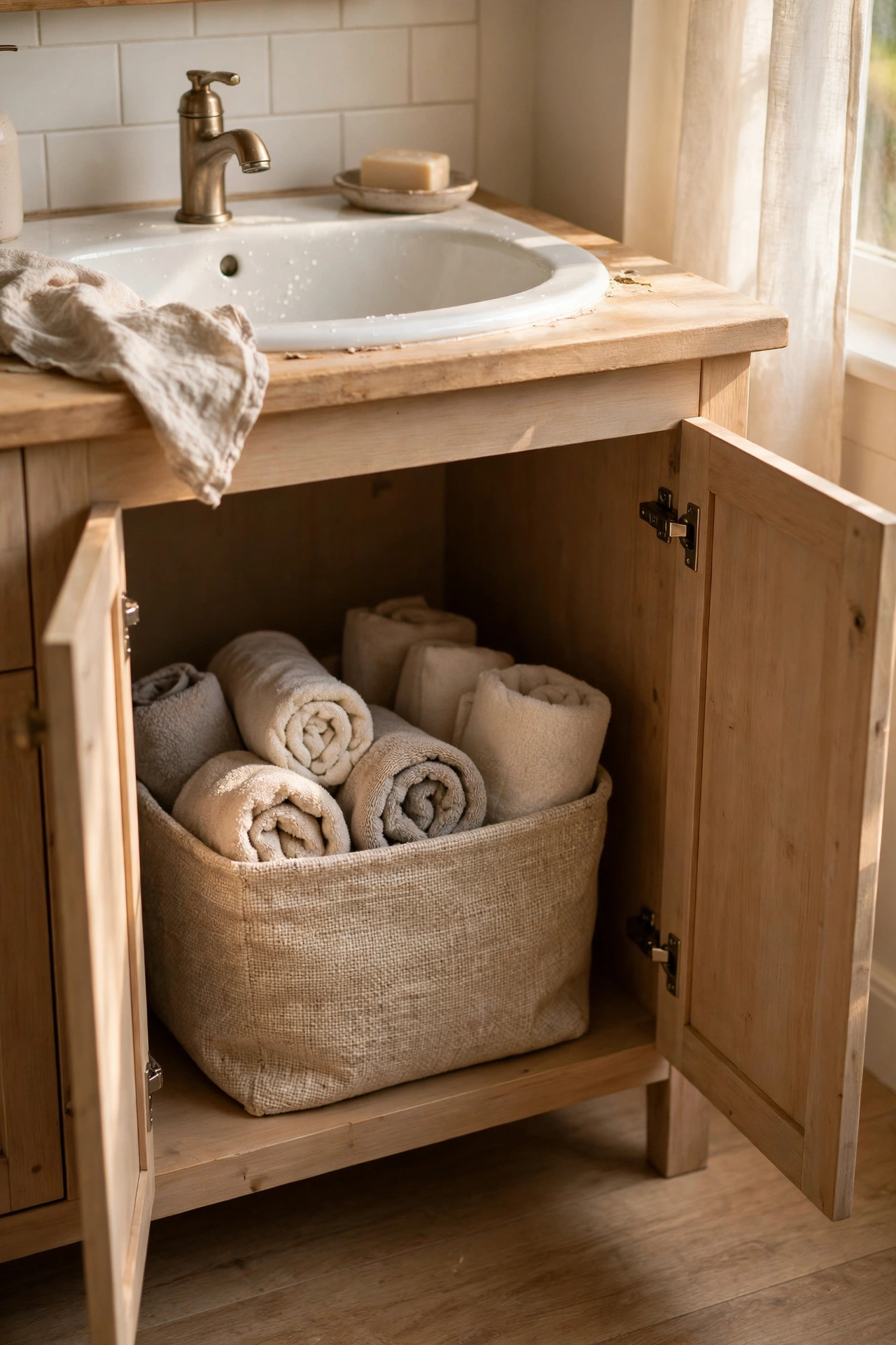 Low fabric basket bin under a bathroom sink filled with rolled hand towels