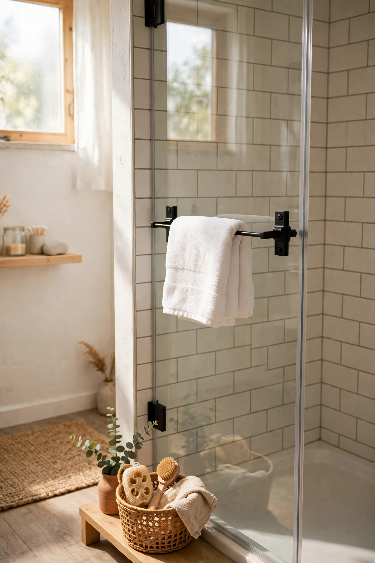 Towel bar clamped to a glass shower door holding a dry bath towel