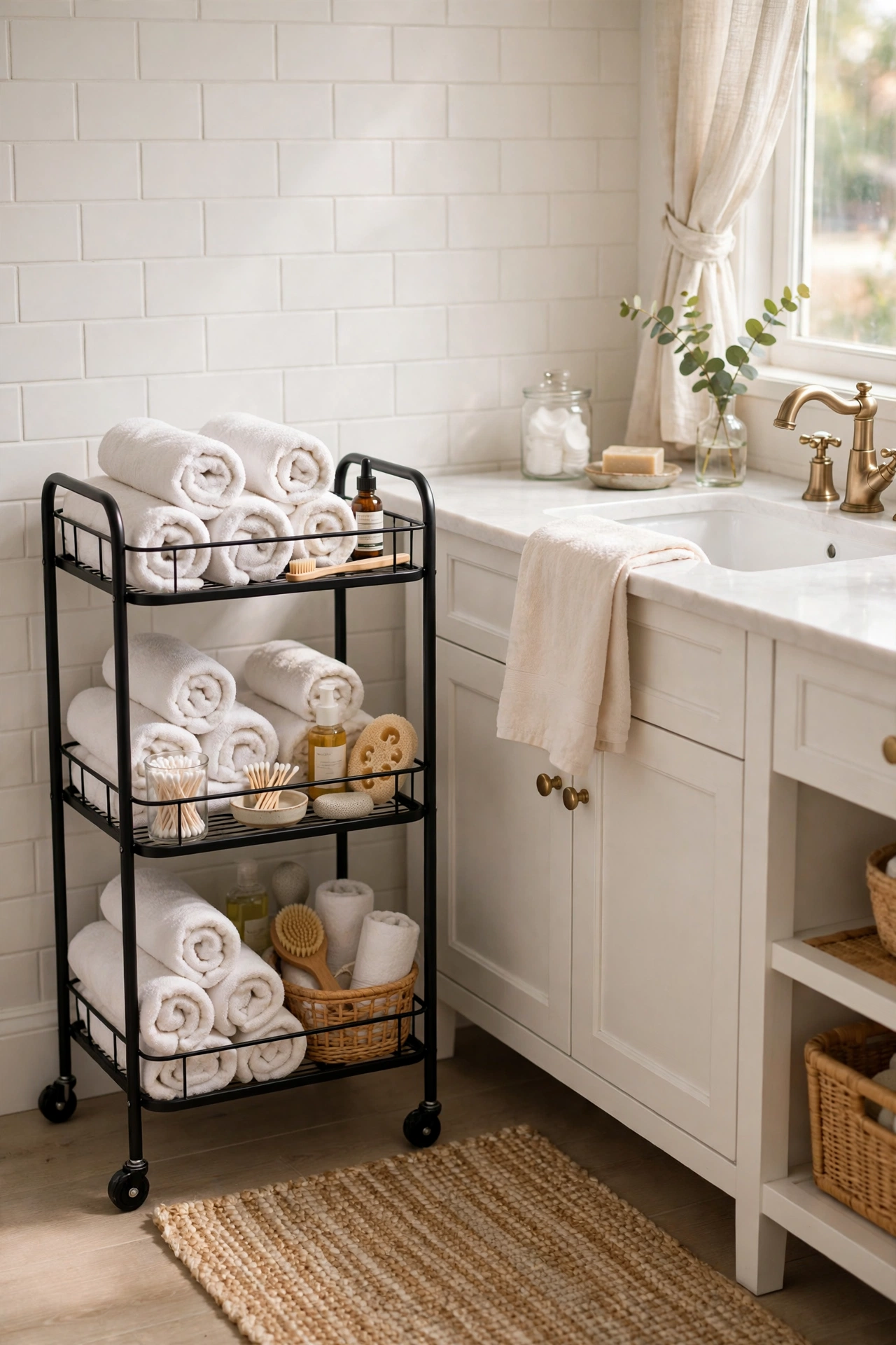 Slim three-tier rolling cart beside a bathroom vanity stacked with towels