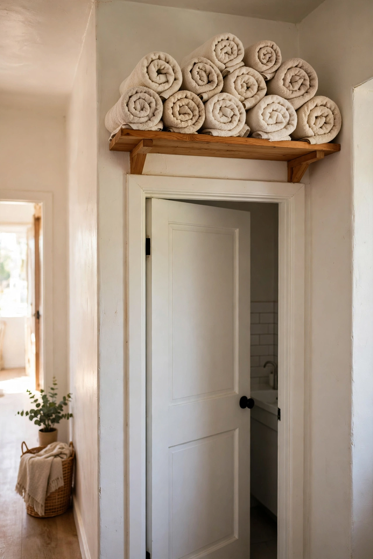 Shelf above a bathroom door frame stacked with rolled spare towels