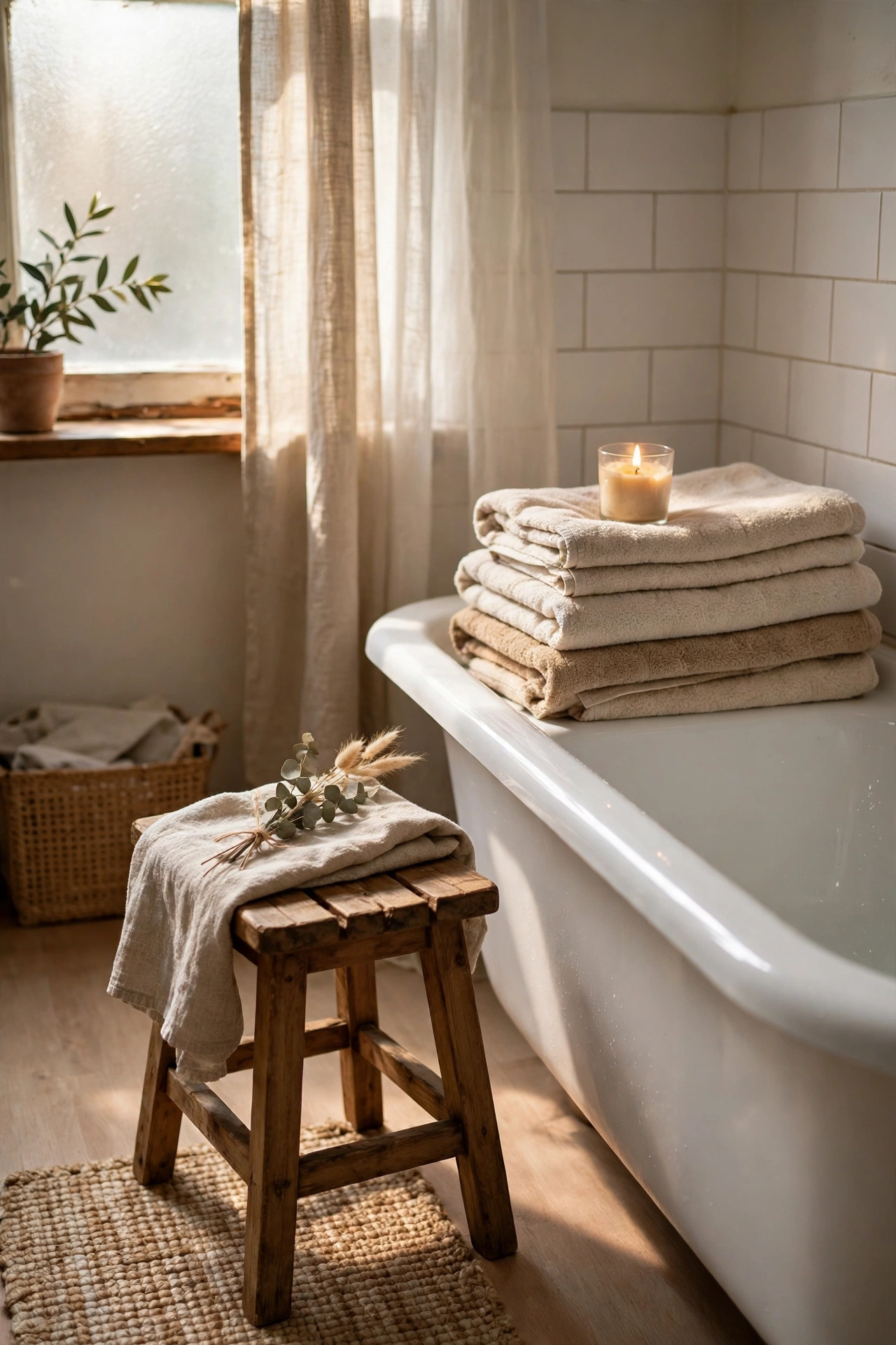 Small wooden stool beside a bathtub stacked with folded towels