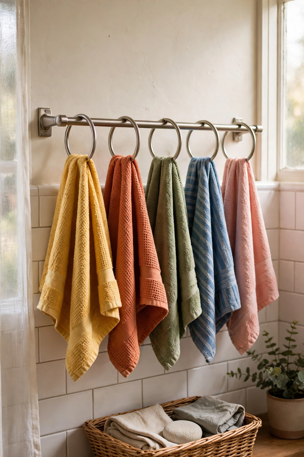 Shower curtain rings clipped along a towel bar holding separate hand towels