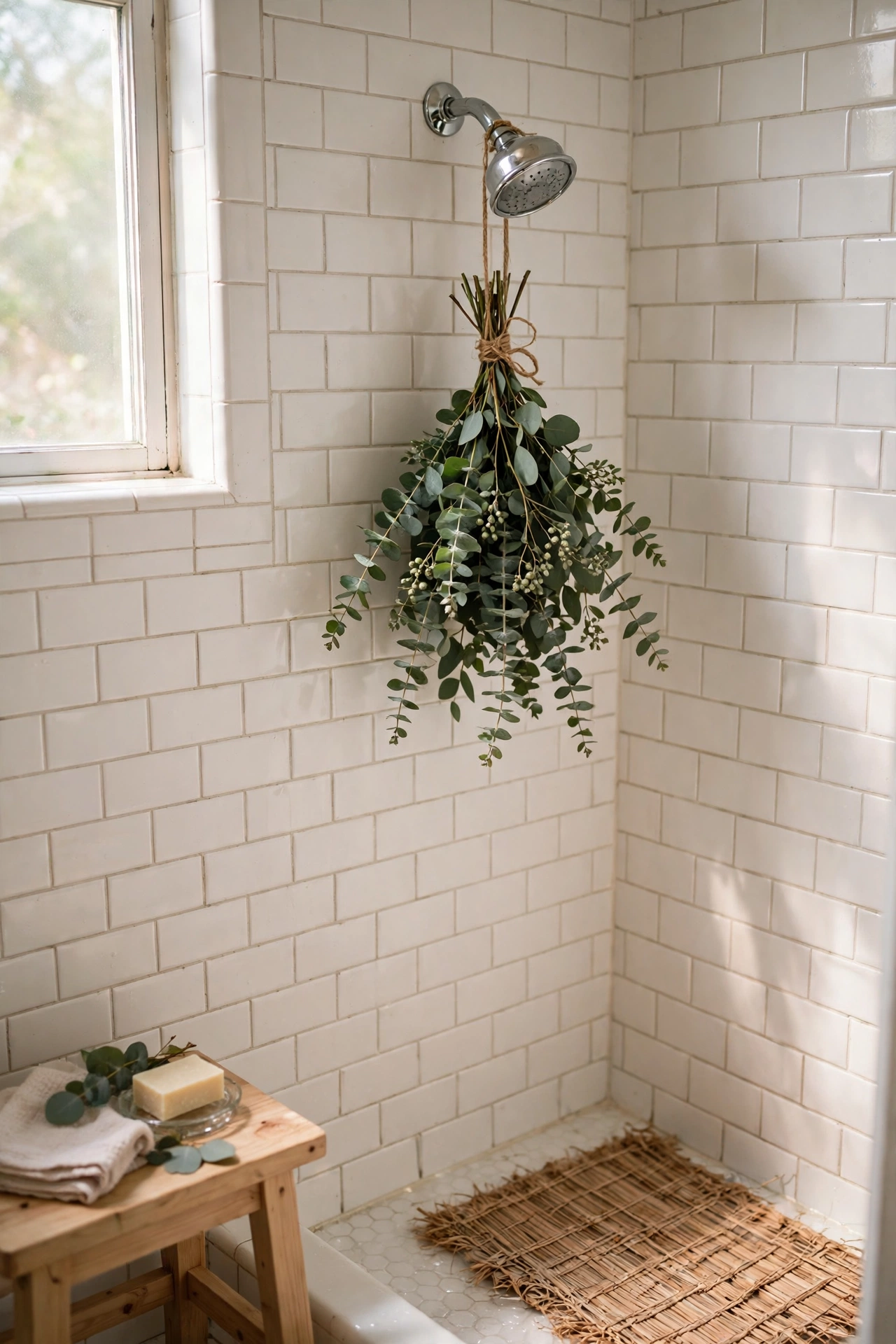 Fresh eucalyptus bundle tied to a showerhead in a bright bathroom