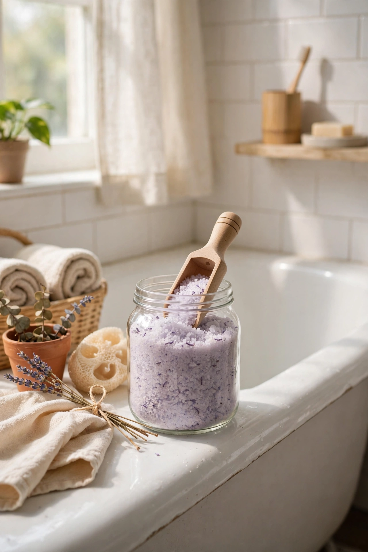 Glass jar of homemade lavender bath salts with a wooden scoop