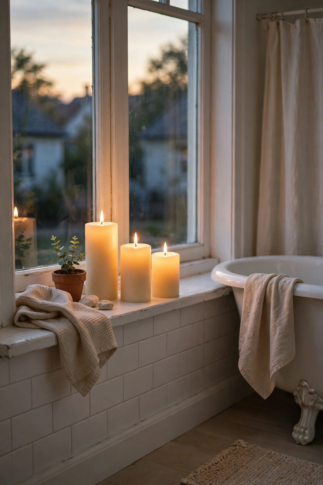 Battery pillar candles glowing on a bathroom windowsill in the evening