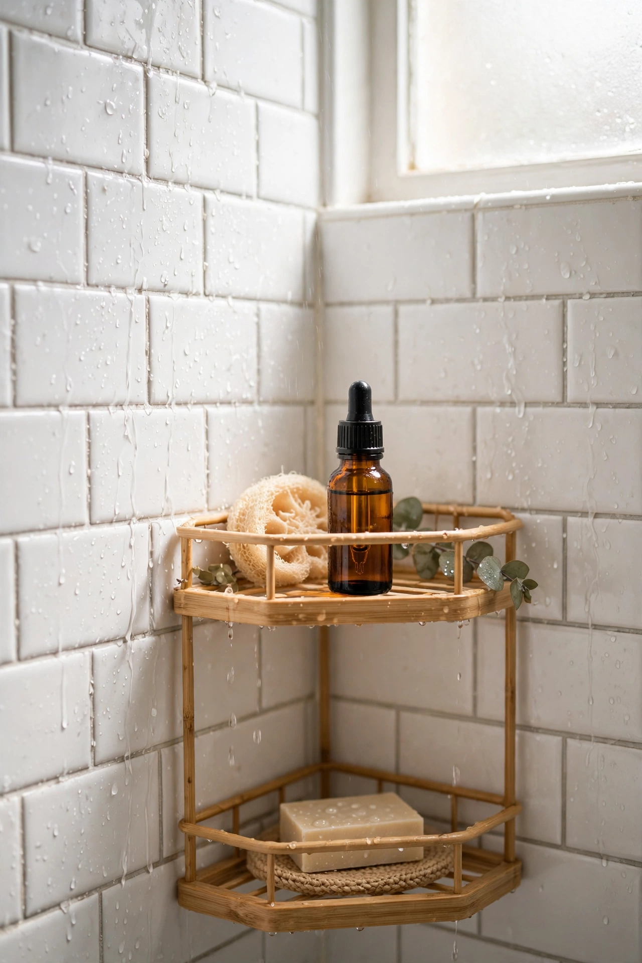 Essential oil bottle beside a shower with drops on the tiled floor