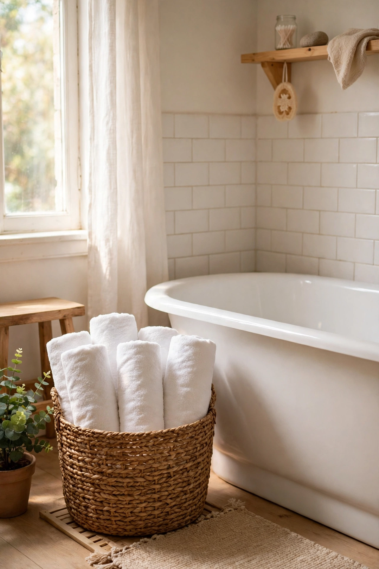 White towels rolled spa-style in a basket beside a bathtub