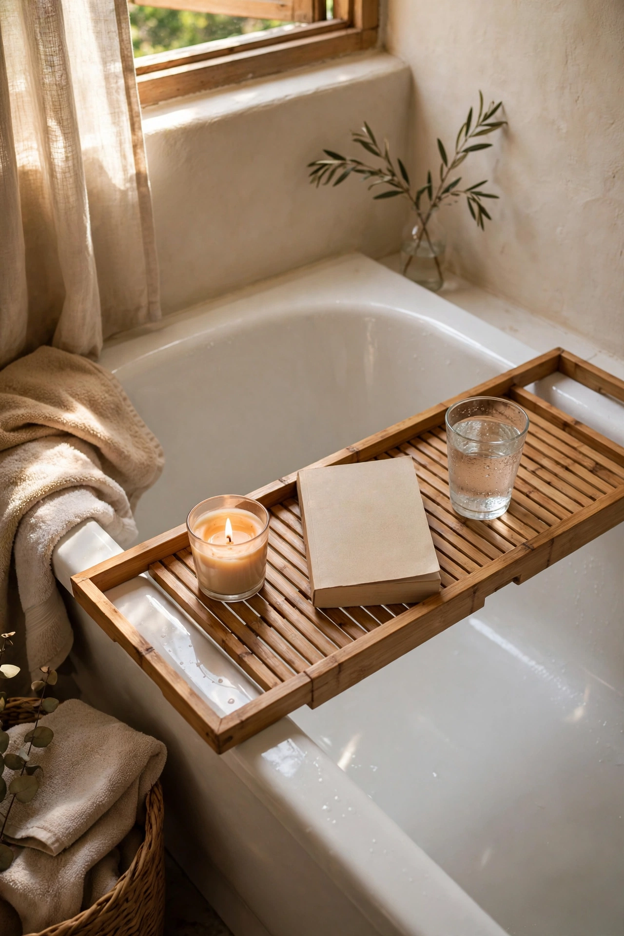 Bamboo bath tray across a bathtub holding a candle book and glass