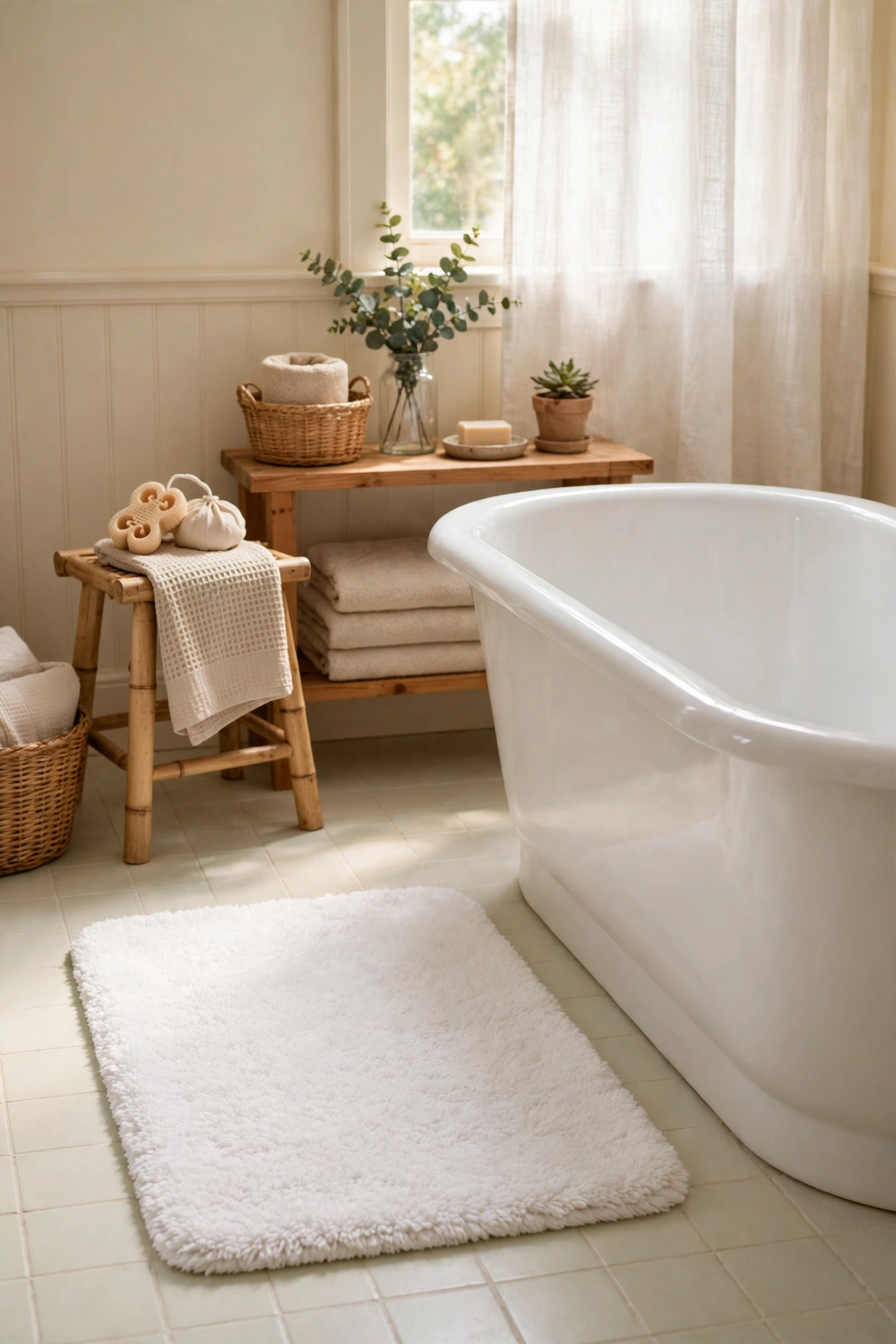 Thick plush white bath mat on a bathroom floor beside a tub