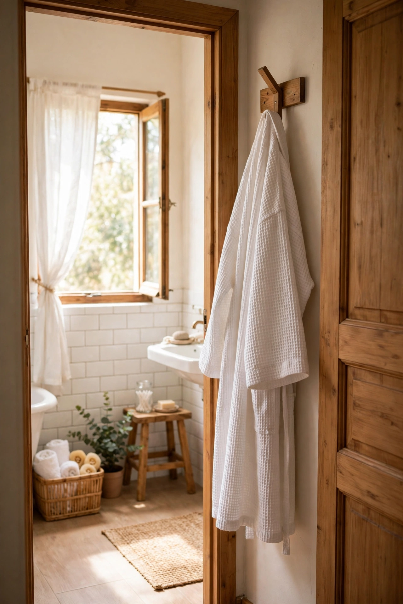 White waffle robe hanging on a hook by a bathroom door