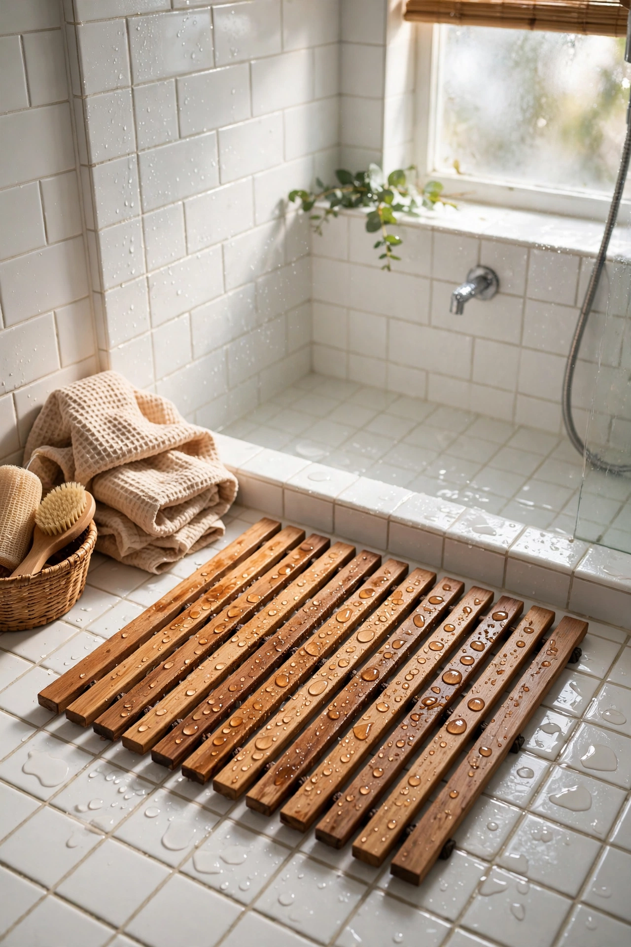 Teak slatted shower mat on the floor of a white tiled shower