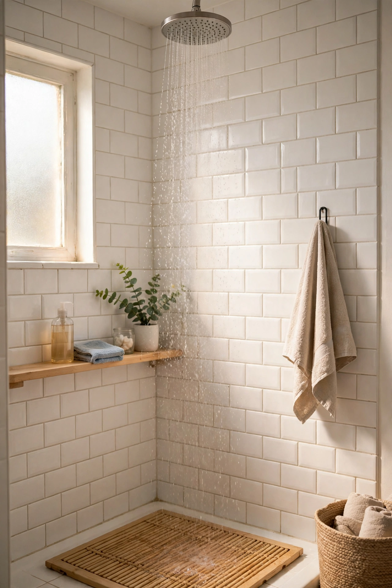 Rainfall showerhead spraying gentle water in a bright modern shower
