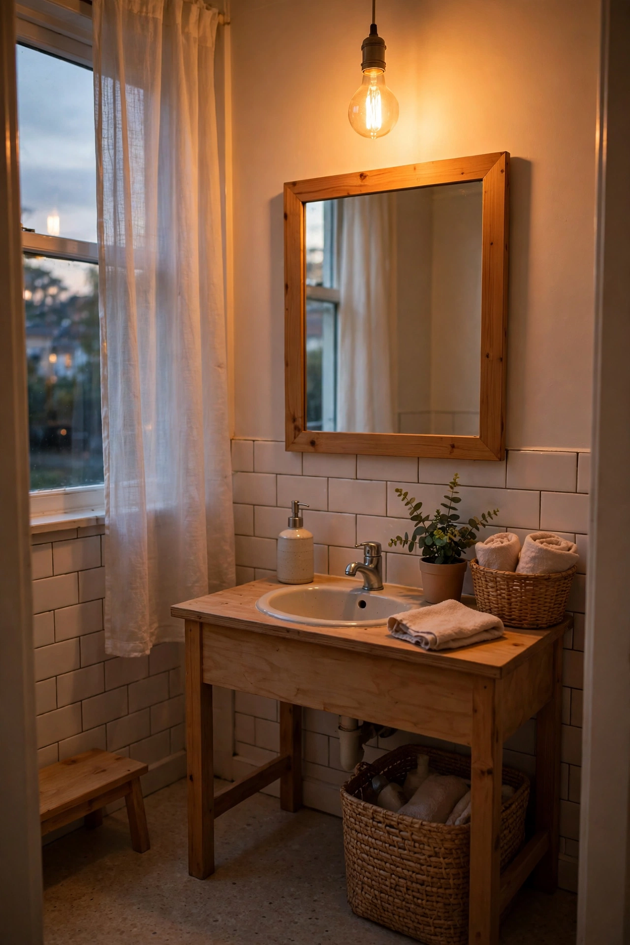 Bathroom lit by a warm amber bulb glowing softly above a mirror