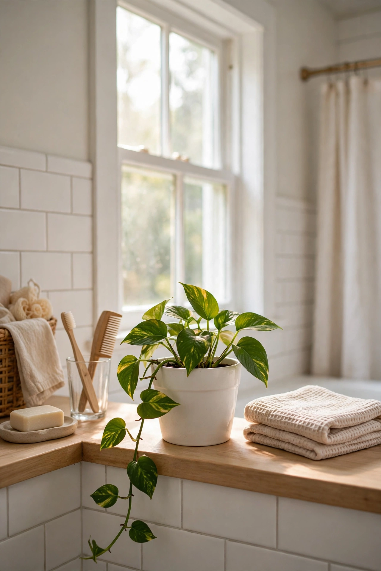 Small trailing pothos plant in a ceramic pot on a bathroom windowsill