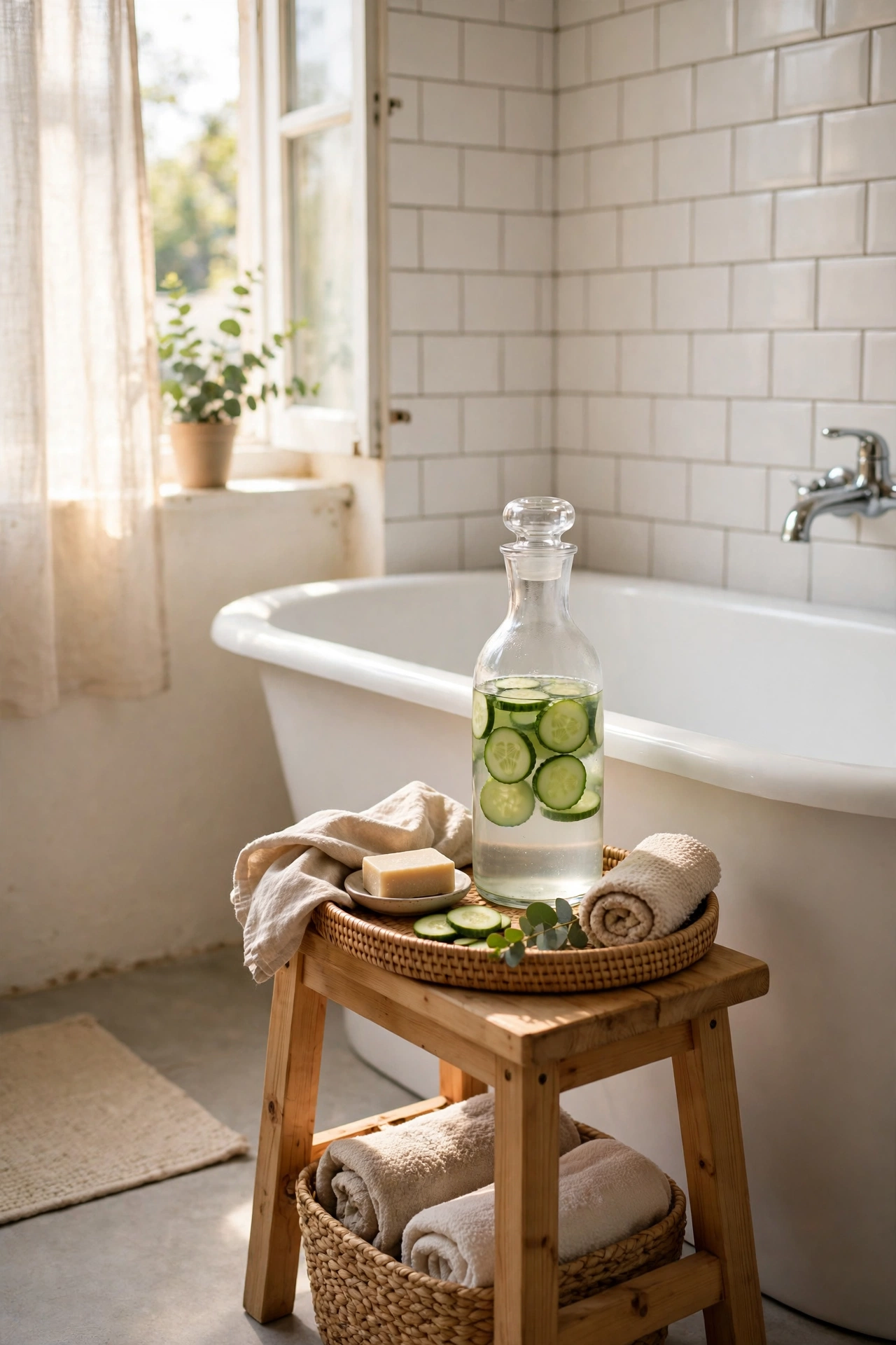 Glass carafe of cucumber water on a tray beside a bathtub