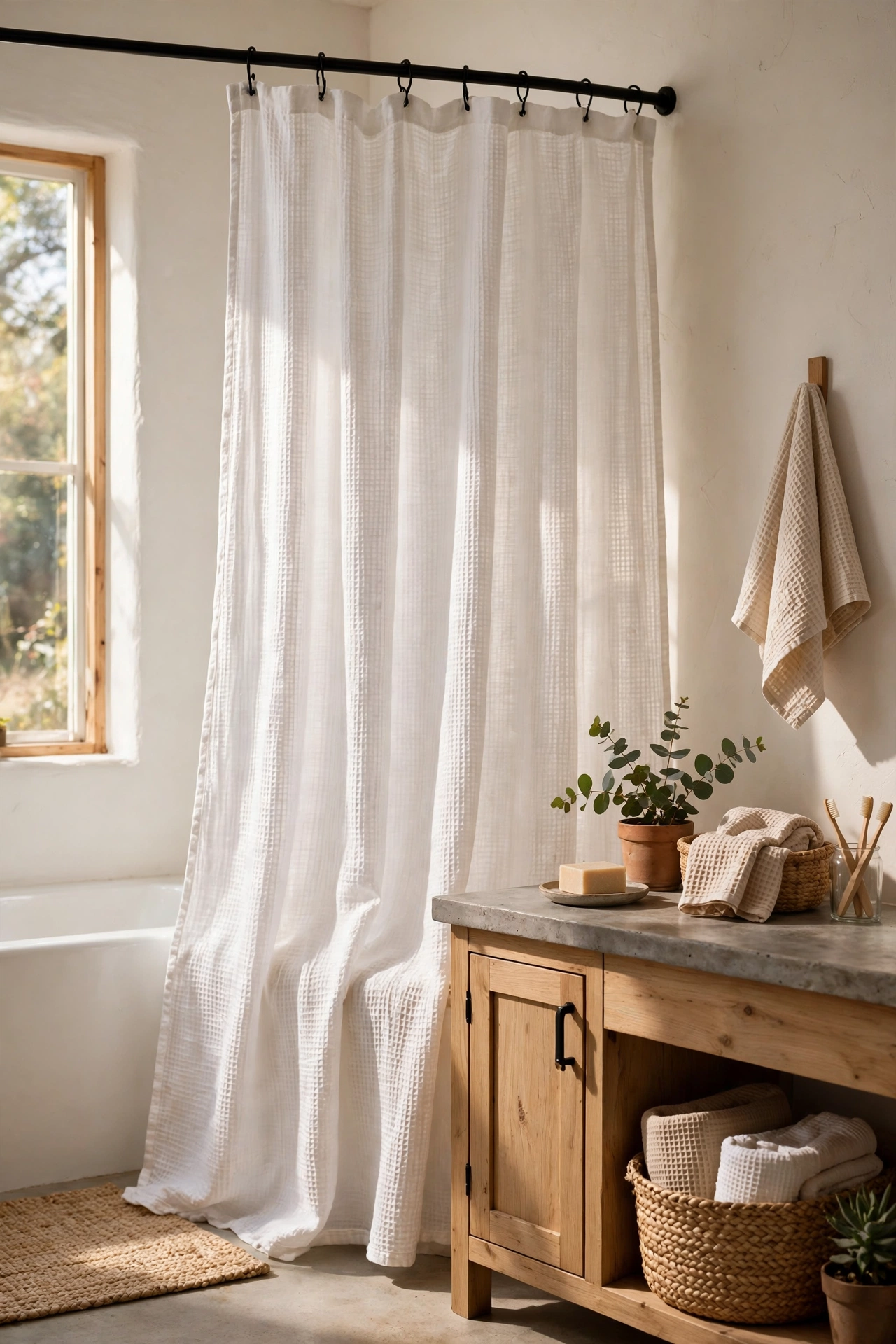 Linen-look waffle weave shower curtain hanging in a bright bathroom