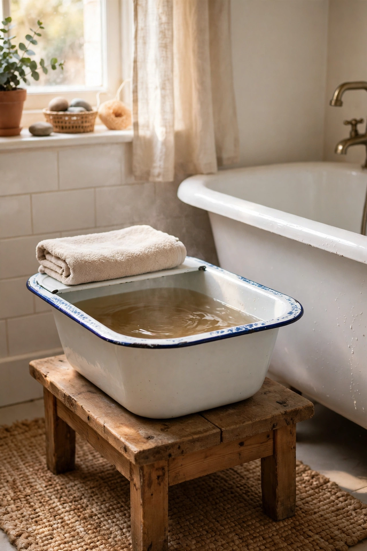 Foot soak basin with warm water and towel on a stool beside a tub