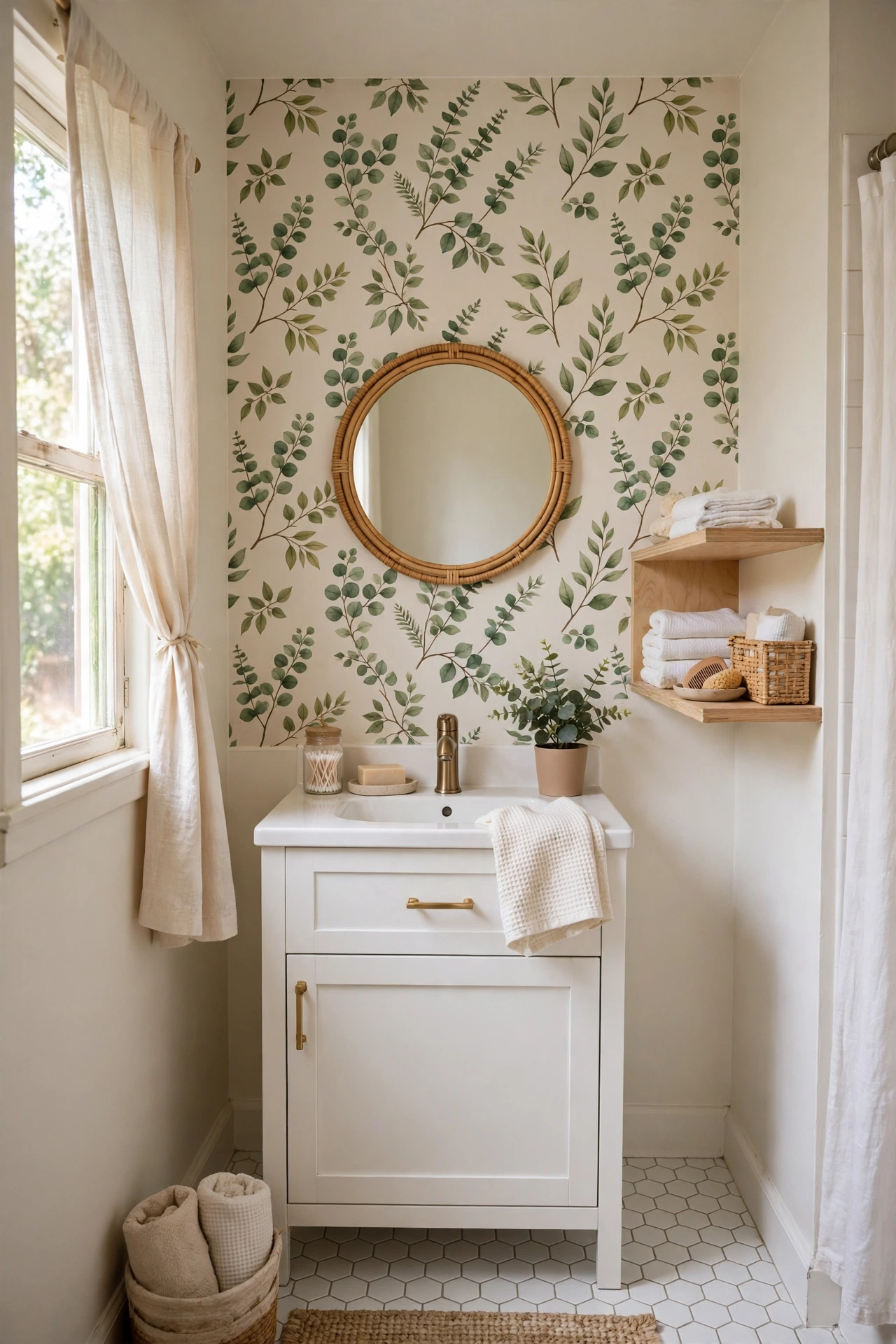 Removable botanical wallpaper on one bathroom accent wall